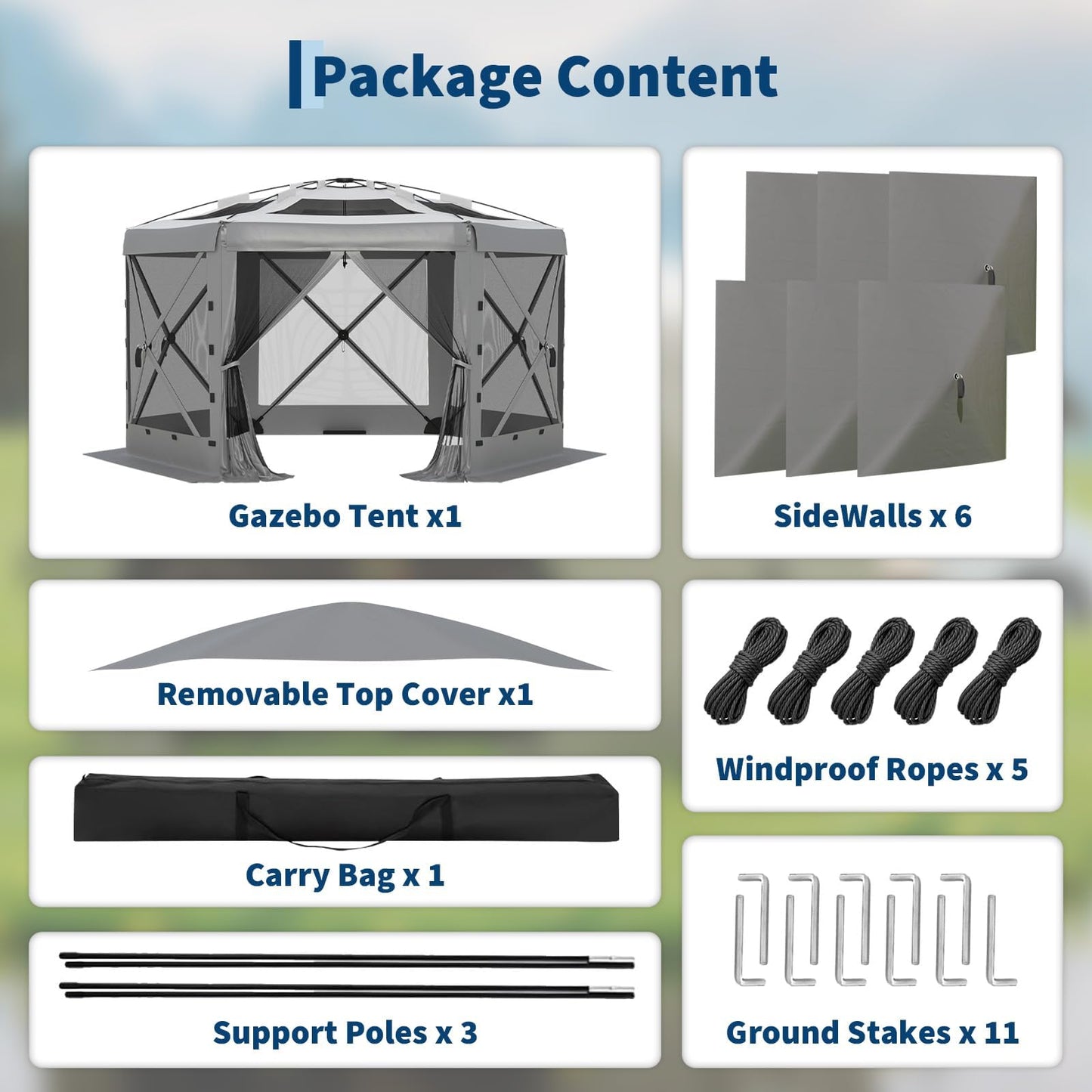 GarveeLife 11.5x11.5FT 6-Sided Pop Up Gazebo Tent，One-Push Setup Canopy Tent with Mesh Panels & Removable Wind Cloths, Outdoor shelter for Camping, Backyard Parties, Outdoor Events - Grey