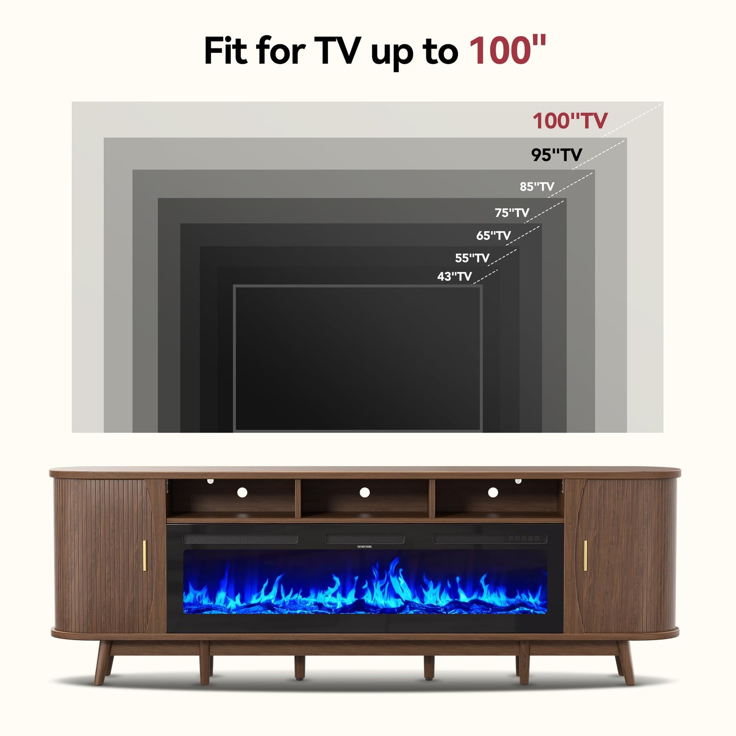 MXV 97" TV Stand with 60" Electric Fireplace, Mid Century Modern Fireplace TV Stand with Sliding Doors & Adjustable Shelves, Large TV Console for Living Room, Walnut