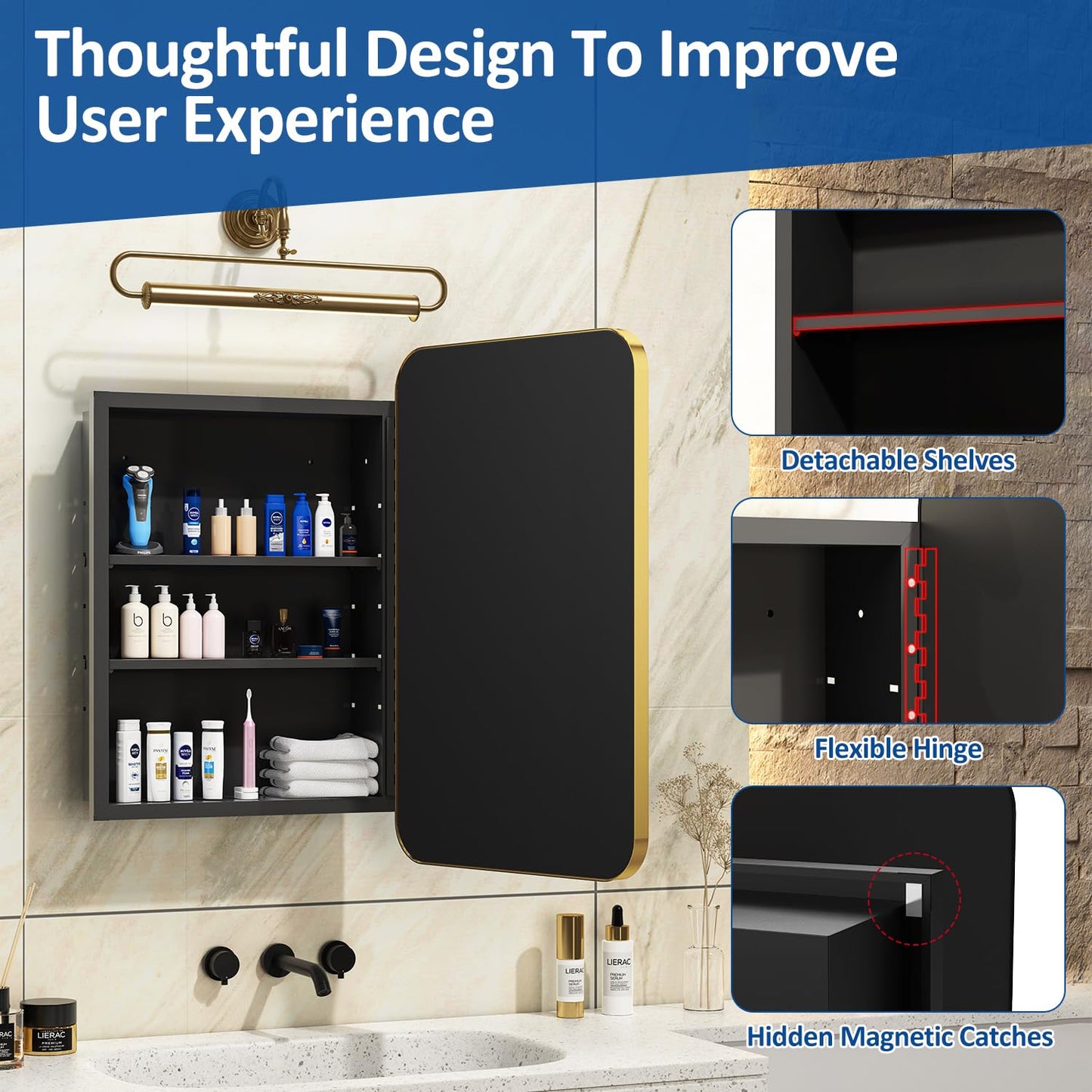 ACEMIRO 20x28 Inch Gold Recessed Medicine Cabinet with Mirror Metal Framed Surface Wall Mounted Bathroom Medicine Cabinet Mirror with Storage