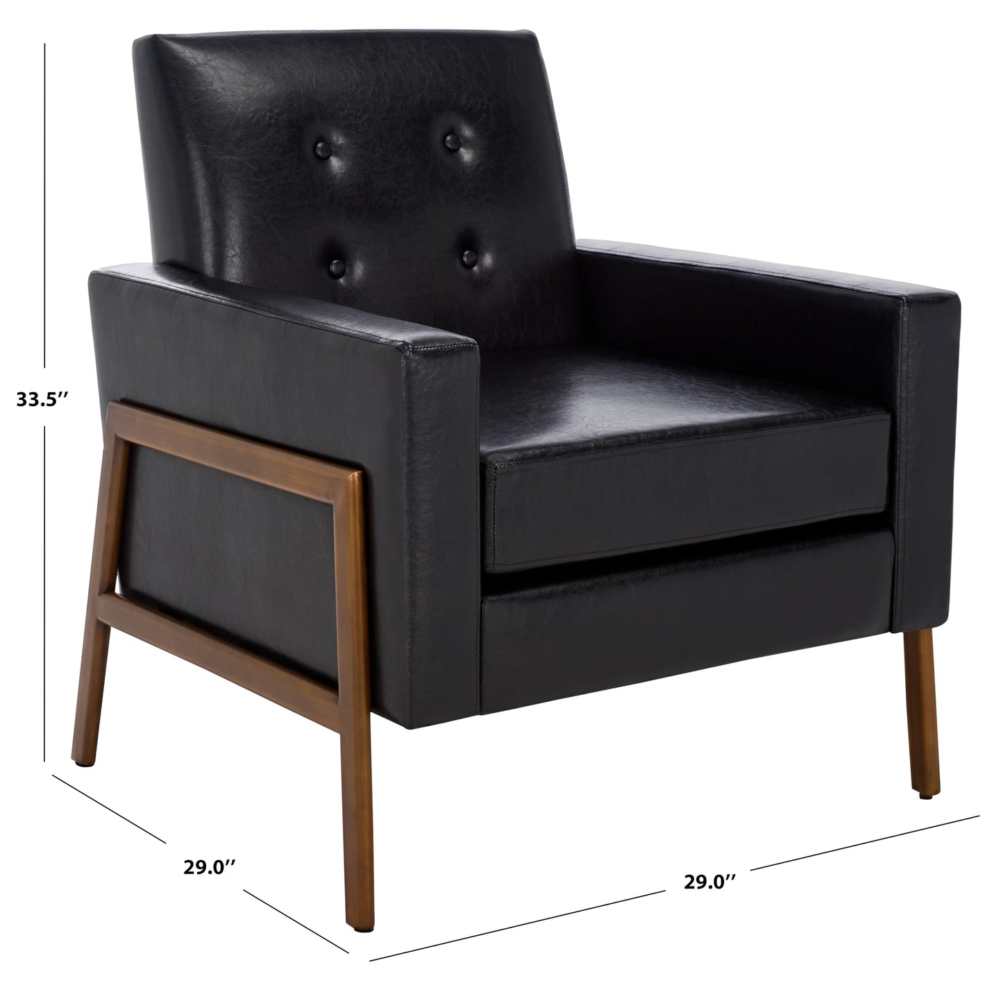 SAFAVIEH Home Collection - Roald Accent Chair, Black Faux Leather Tufted Seat & Antique Brown Solid Wood Frame (ACH6209D)