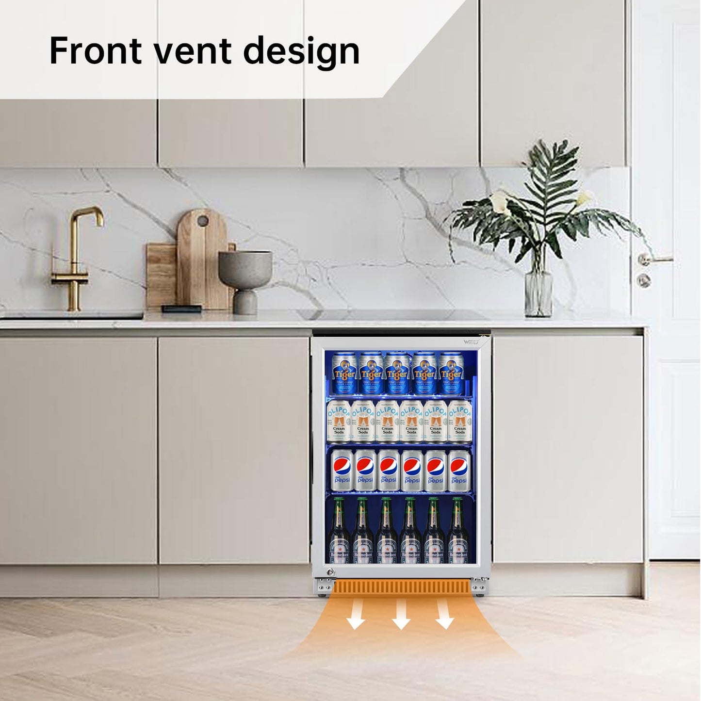 Weili 20 Inch Built in Beverage Refrigerator with Lock, Under Counter or Freestanding 120 Can Soda Beer Drink Cooler Fridge with Stainless Steel and Glass Door