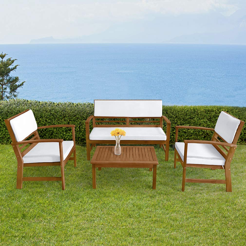 FDW 4-Piece Patio Conversation Set Acacia Wood Outdoor Sofa & Chairs with Coffee Table, Water-Resistant Cushions for Backyard, Garden, Balcony, Porch, Deck, Poolside, Beach Chat Set
