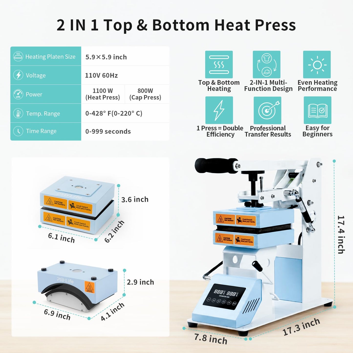 PYD Life 2 in 1 Top and Bottom Heat Press Machine H2C Pro Light Blue 110 V, Mini Combo Hat and Flat Press for DTF 3D UV DTF Labels, Double-Sided Blanks Sublimation Printing