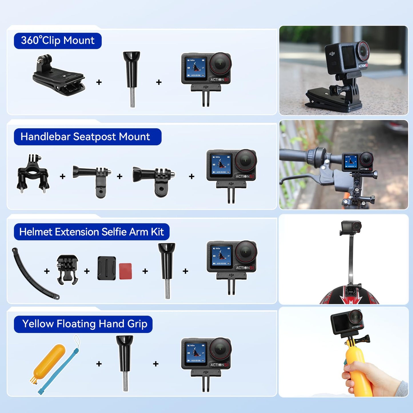 DJI Osmo Action 5 Pro Waterproof Action Camera Bundle, 1/1.3" Sensor, 4K/120fps Video, Subject Tracking, 47GB Built-in Storage, Original Standard Combo + 58 Piece Accessory Kit + Extra 64GB Card