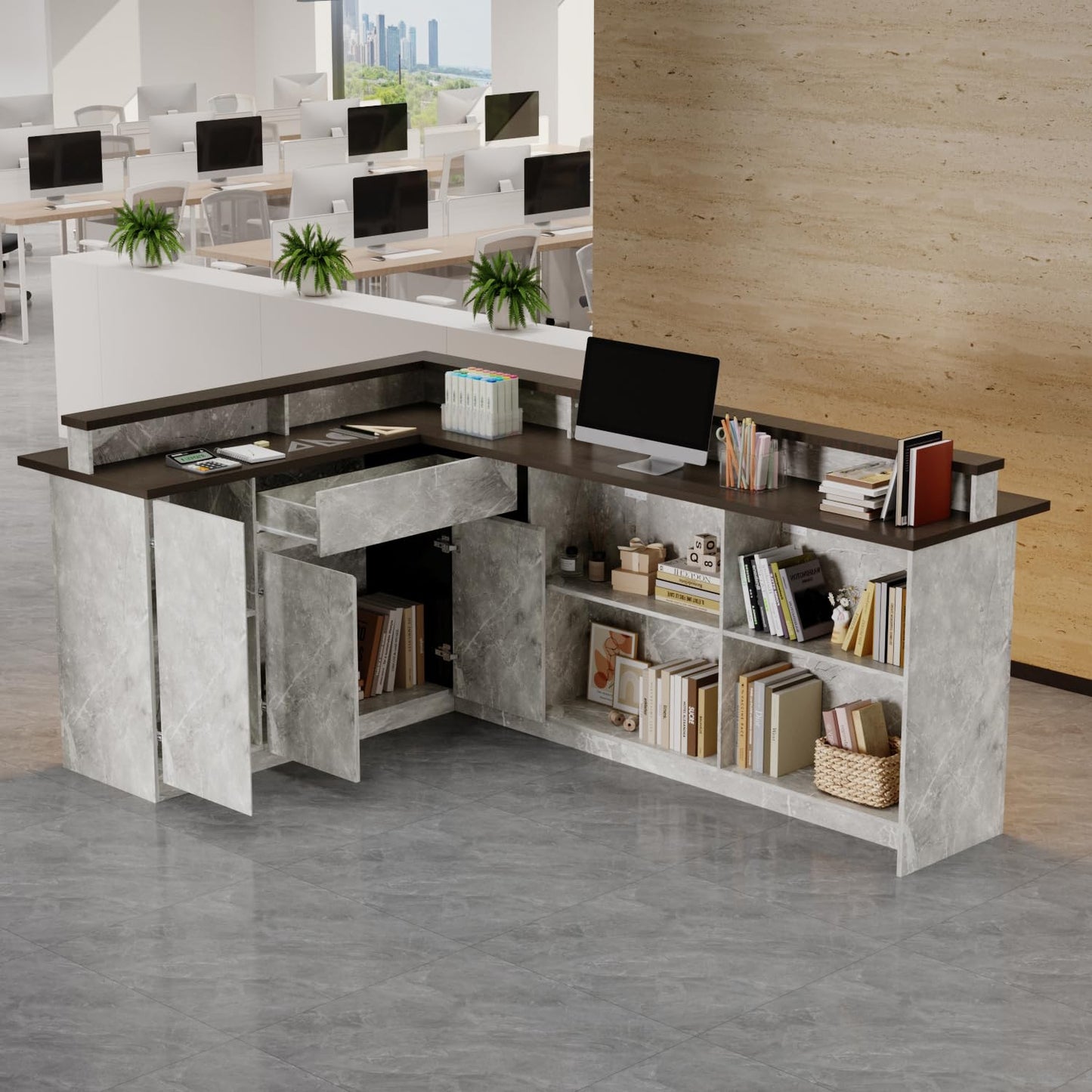 HOMSETTIE 94.5" W Reception Desk with Counter and LED Lights, Modern L-Shaped Front Desk with Drawer & Shelves, Checkout Counter for Reception Room, Retail, Salon, Bar