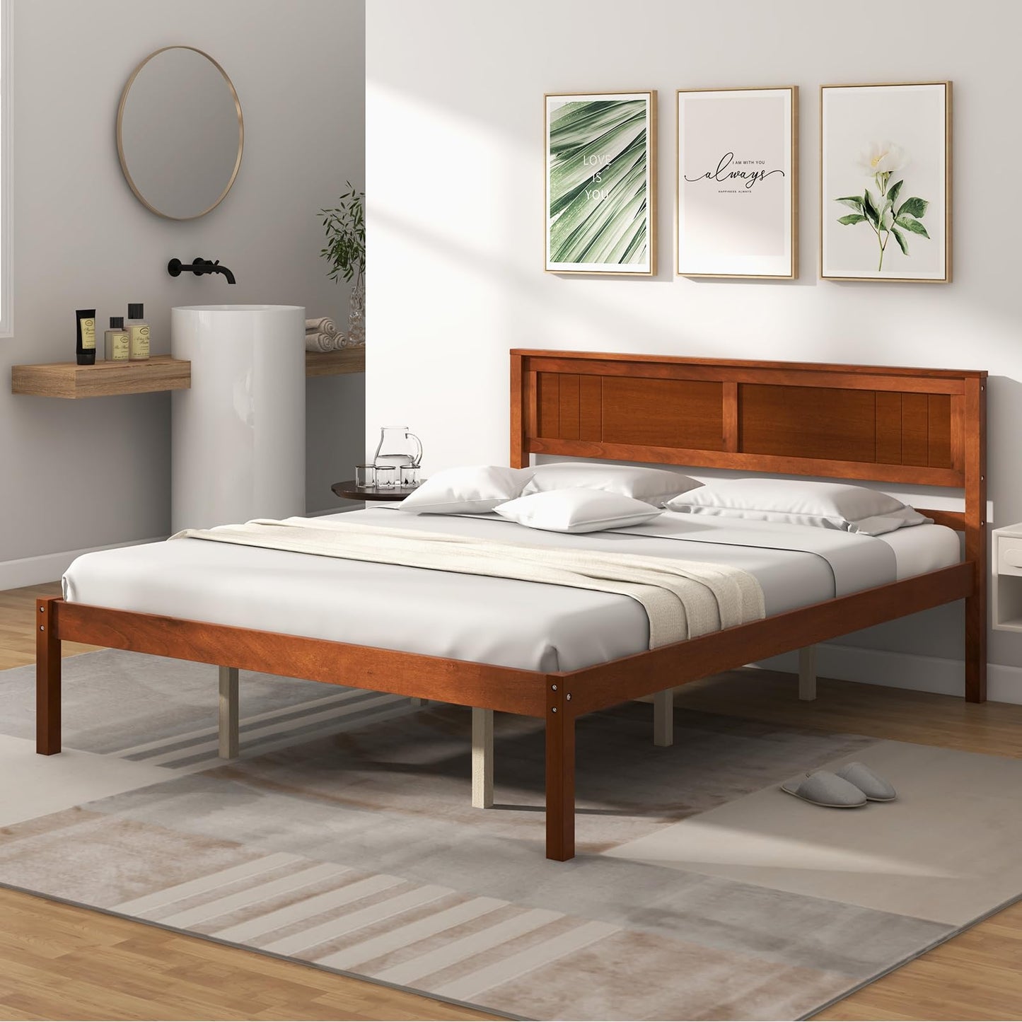 Giantex Wood Queen Platform Bed with Headboard, Mid Century Solid Wood Bed Frame with Wood Slat Support, Wooden Mattress Foundation with 12" Under Bed Storage for Bedroom, Easy Assembly, Walnut