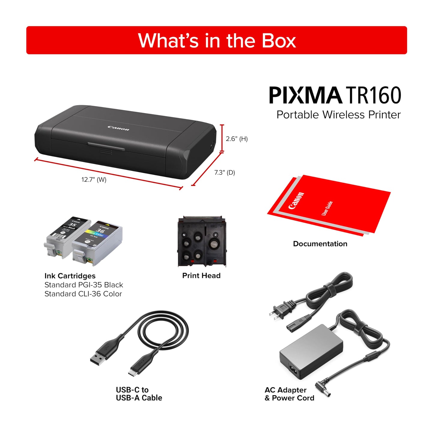 Canon PIXMA TR160 Wireless Portable Printer, 50-Sheet Paper Tray and 1.44" Display