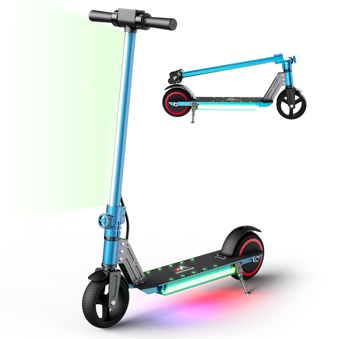 WEELMOTION Foldable Electric Scooter for Kids, with Head Lights, Bright Front Bar Lights, Shining Pedal, LED Display, Dual Brakes 150W Motor Kids Electric Scooter, UL2272 Approved Blue