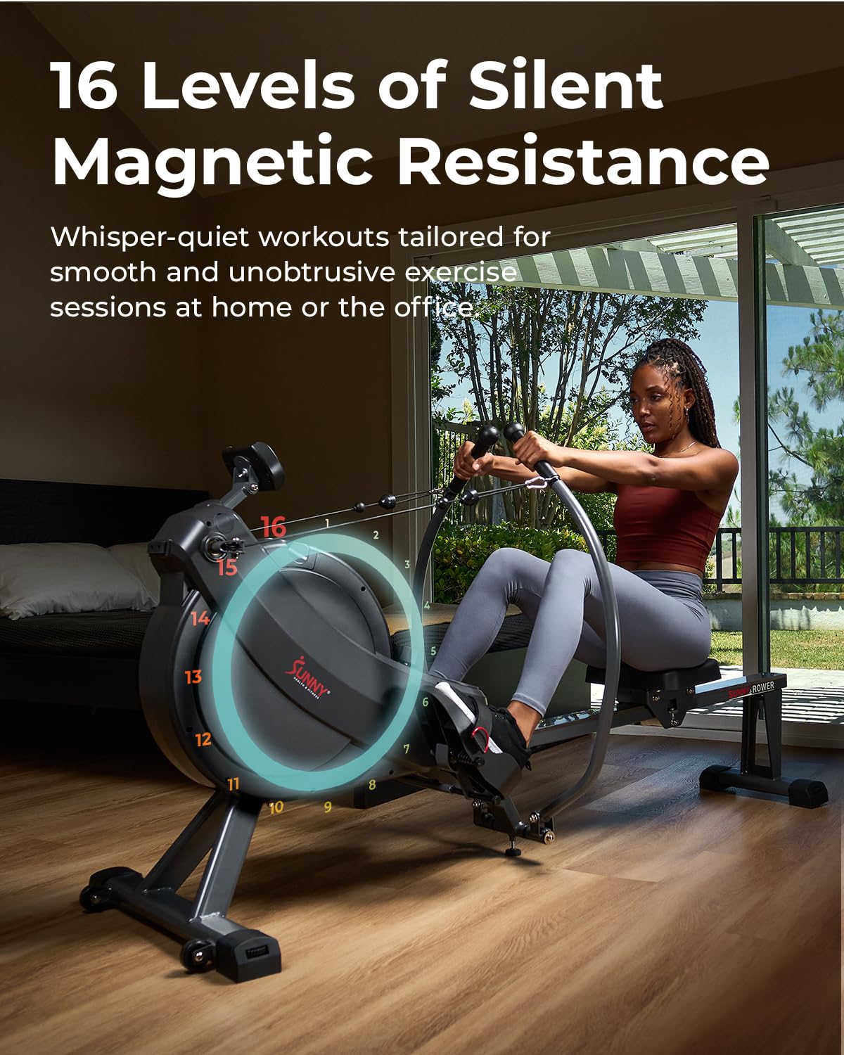 Sunny Health & Fitness Magnetic Rowing Machine with Extended Slide Rail, Full-Body Workout, Low-Impact, Innovative Full Motion or Premium Water Motion and Optional Exclusive Free SunnyFit App