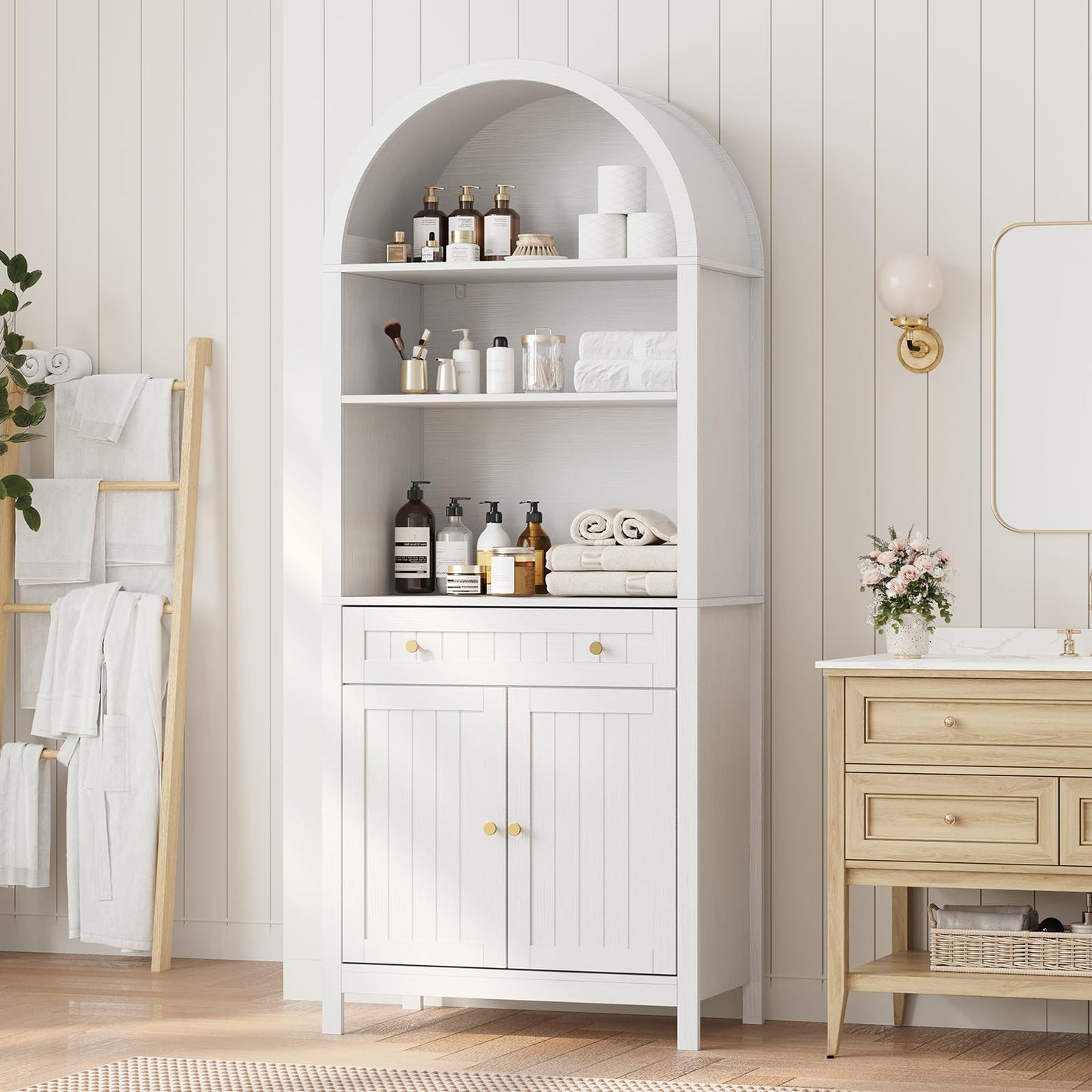 GarveeHome 73" Tall Arched Pantry Cabinet with 1 Drawer, 3-Tier Bookshelf, Bookcase, Kitchen Storage Cabinet with Doors and Adjustable Shelves, for Dining Room and Livingroom