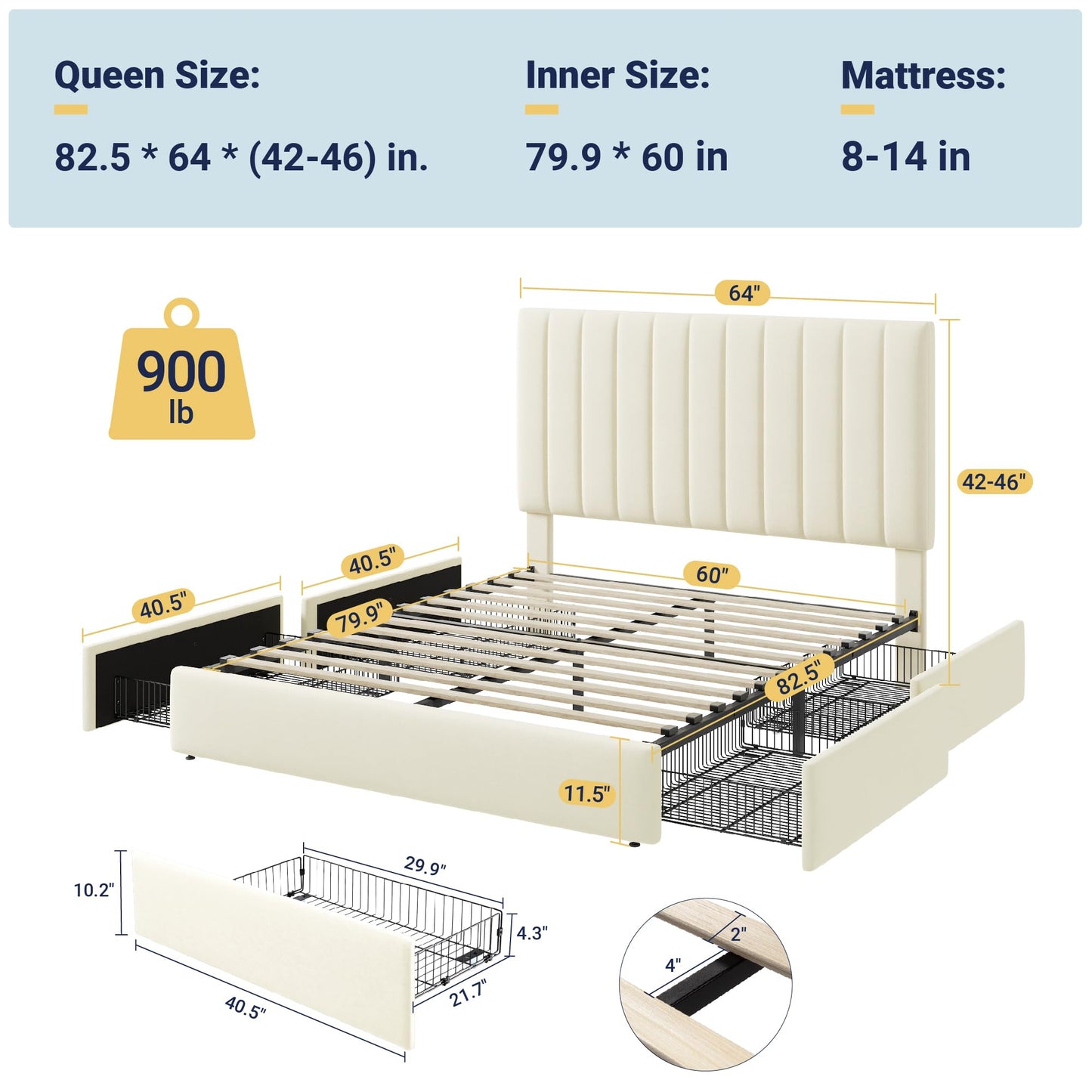 Allewie Queen Size Storage Bed Frame, Vertical Channel Tufted Adjustable Headboard, Velvet Upholstered Platform Bed with 4 Oversized Underbed Drawers, Wooden Slats Support, No Box Spring Needed, Cream