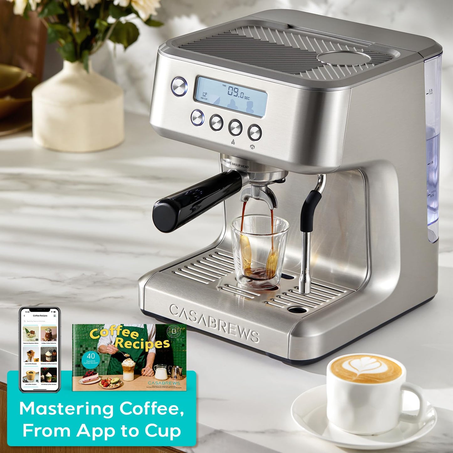 CASABREWS Ultra Espresso Machine with LCD Display, 20 Bar Espresso Maker with Powerful Milk Frother, Customizable Brewing Temperature, Barista-Level Latte and Cappuccino Machine for Home, Silver