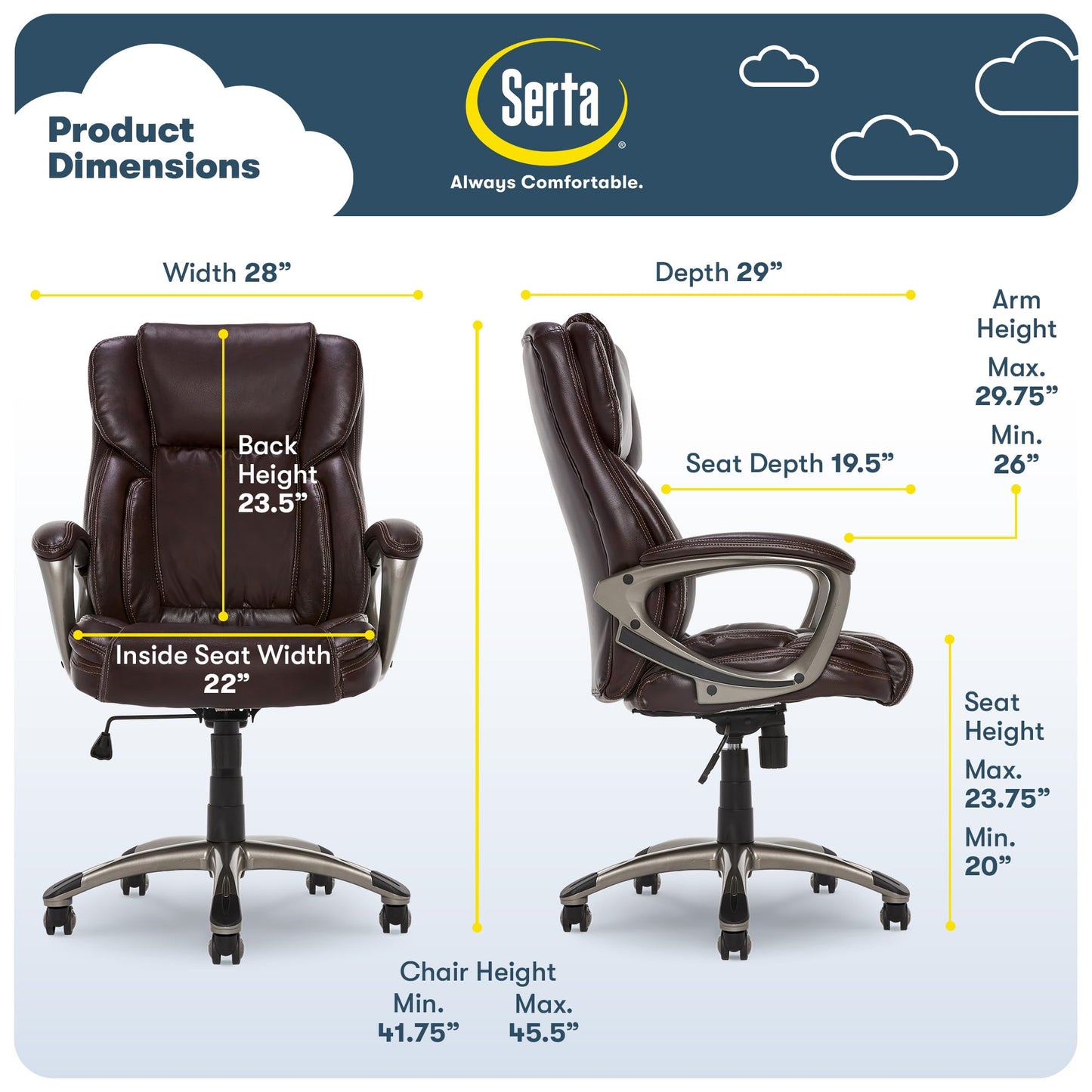 Serta Garret Executive Office Chair, Ergonomic Mid-Back with Lumbar Support, Semi-Plush Cushion and Body Pillows, Padded Armrests, Swivel Base, Bonded Leather, Brown