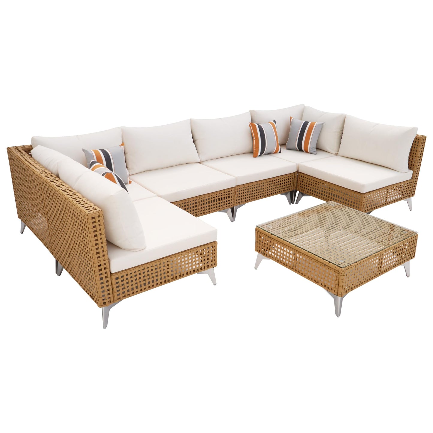 Merax 7 Piece Outdoor Patio Furniture Sets - 8-Seat PE Wicker Sectional Sofa w/Rattan Chaise Lounge & Thick Cushions, 29" Coffee Table w/Glass Top for Garden, Couch, Porch, Backyard Beige