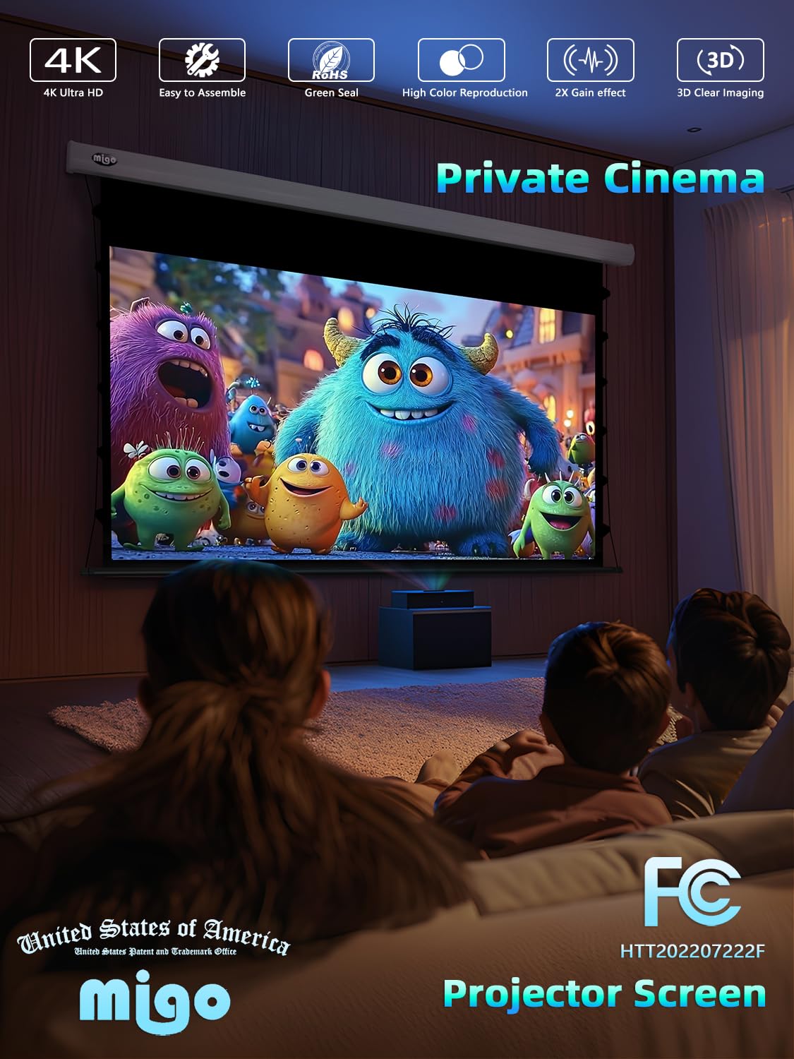 MIGO 150 Inch Pull Down Electric Projector Screen, Grey Crystal 2.0 Gain Partial Ambient Light 4K Tab-Tension Projector Screen Wall & Ceiling Mount for Short Throw Projector Movie Home Theater Cinema