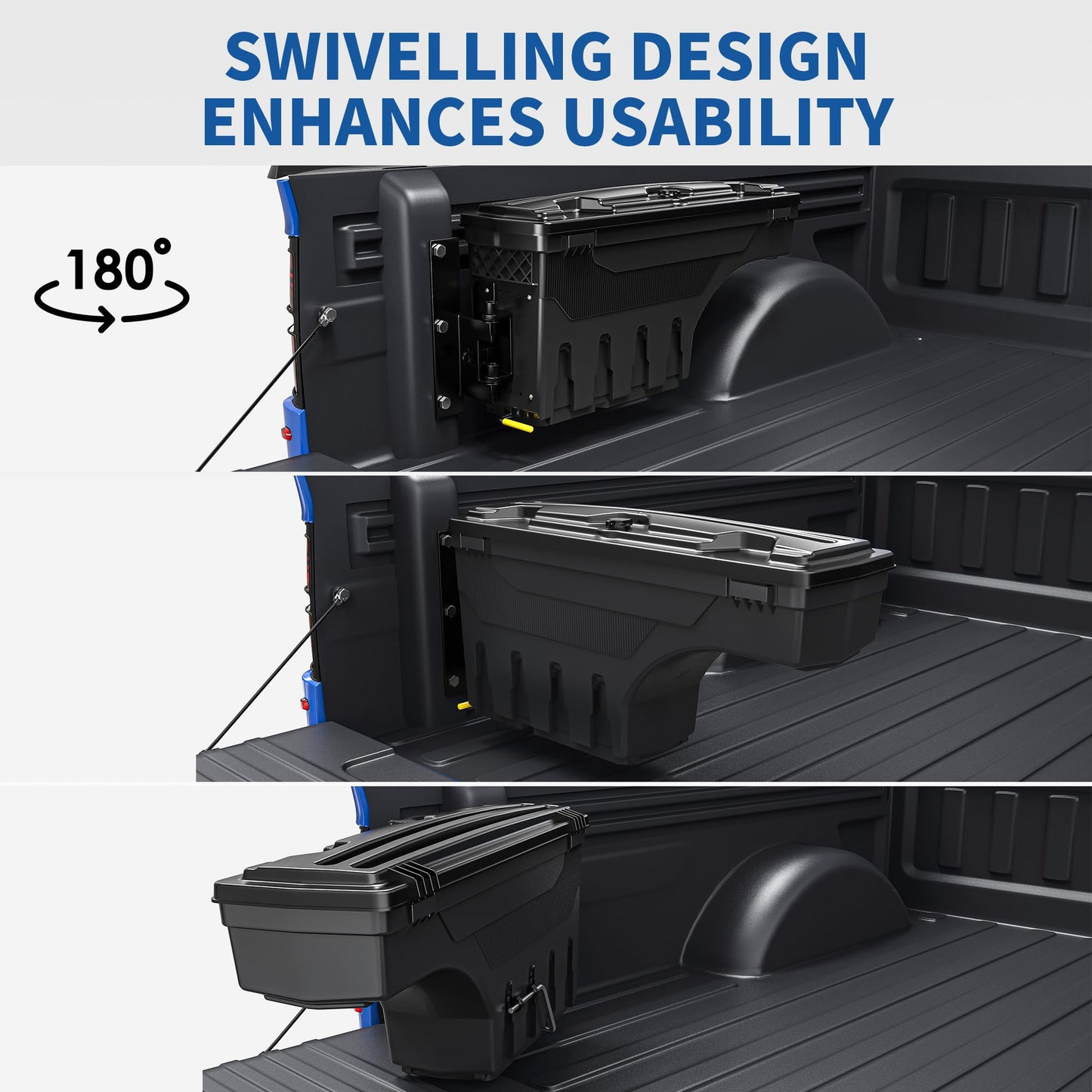 OEDRO Truck Bed Storage Tool Box Fits 2015-2026 Ford F150 Driver Side + Passenger Side, 180 Degree Rotation Rear Tool Boxs with Lockable Lid & Password Padlock, Black Waterproof Wheel Well Storage