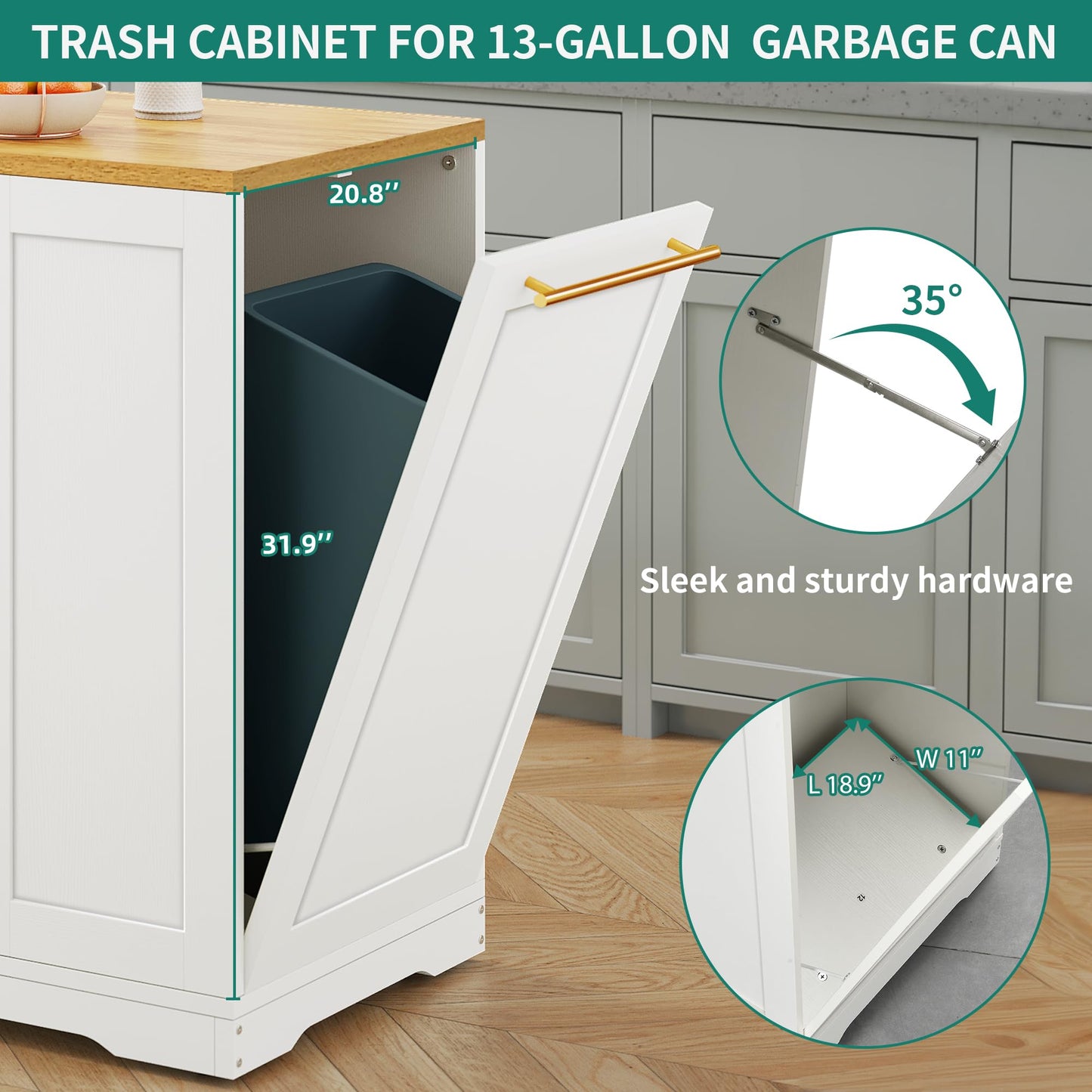 YITAHOME 53 inch Large Rolling Kitchen Island with Trash Can Storage Cabinet, Portable Mobile Islands Table Long Floating Movable w Wheels Cabinet for 13 Gallon Garbage Bin 2 Drawer, White Oak