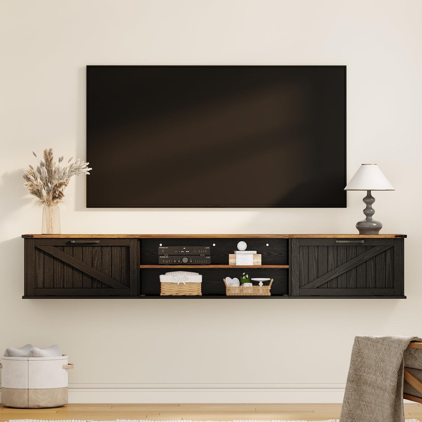 70" Farmhouse Floating TV Stand for TVs up to 90", 2-Tier Floating Entertainment Center with Flip Doors, Floating tv shelf with Storage, Wall Mounted TV Console for Living Room, Bedroom, Black