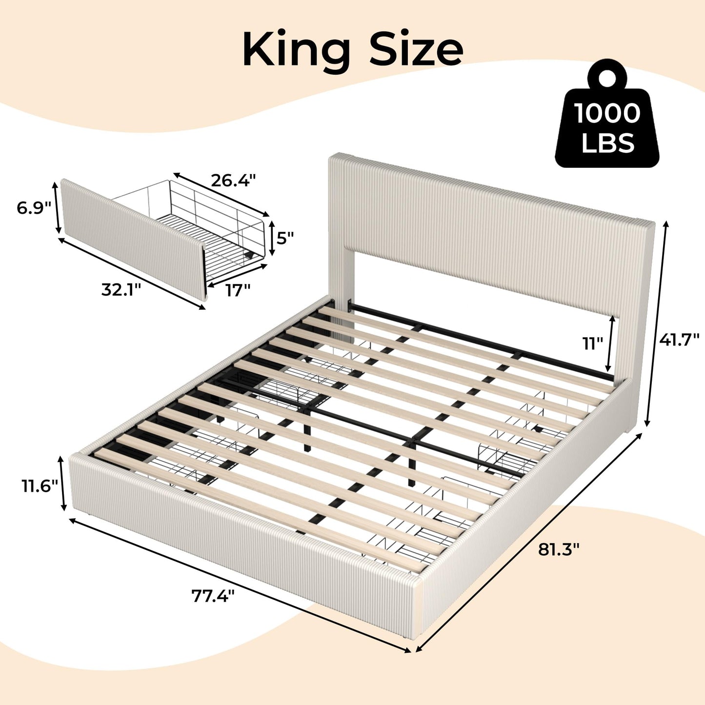 GarveeHome Bed Frame, King Size Platform Bed with 4 Storage Drawers, Upholstered Corduroy Channel Tufted Headboard Bed Frame with Strong Wooden Slat Support, No Box Spring Needed, Beige