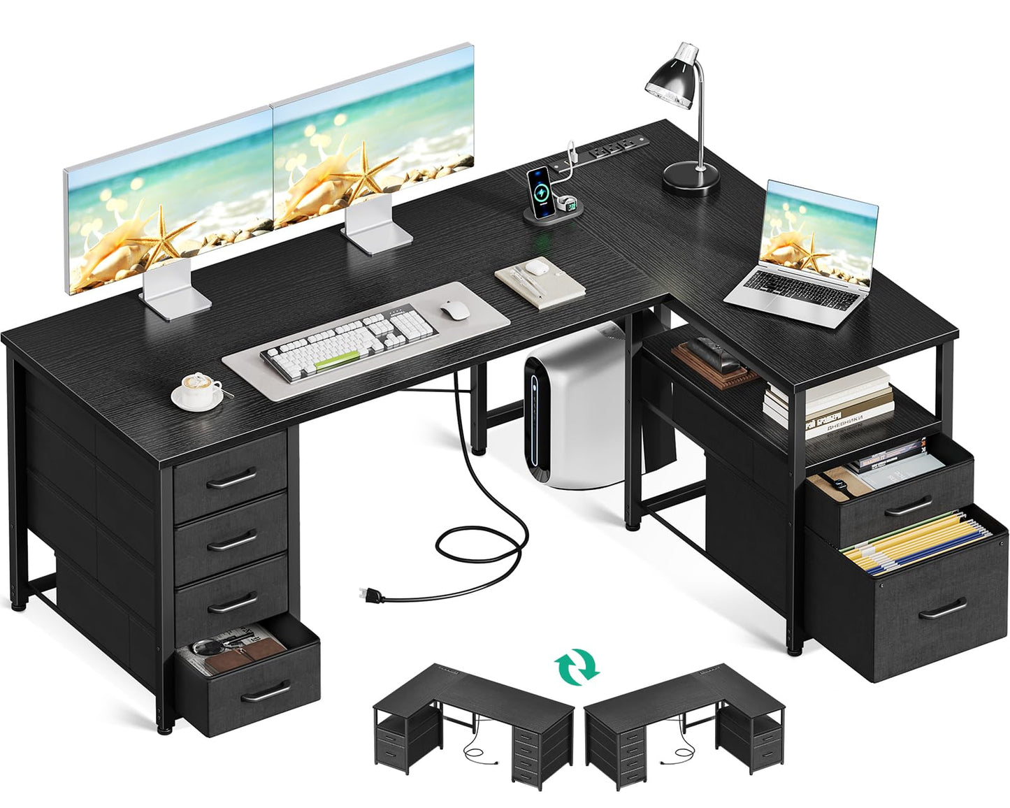 Coleshome L Shaped Computer Desk with 6 Drawers & Power Outlet, 55 Inch Corner Desk with Reversible Storage Shelf & File Drawer, Home Office Desk, Black