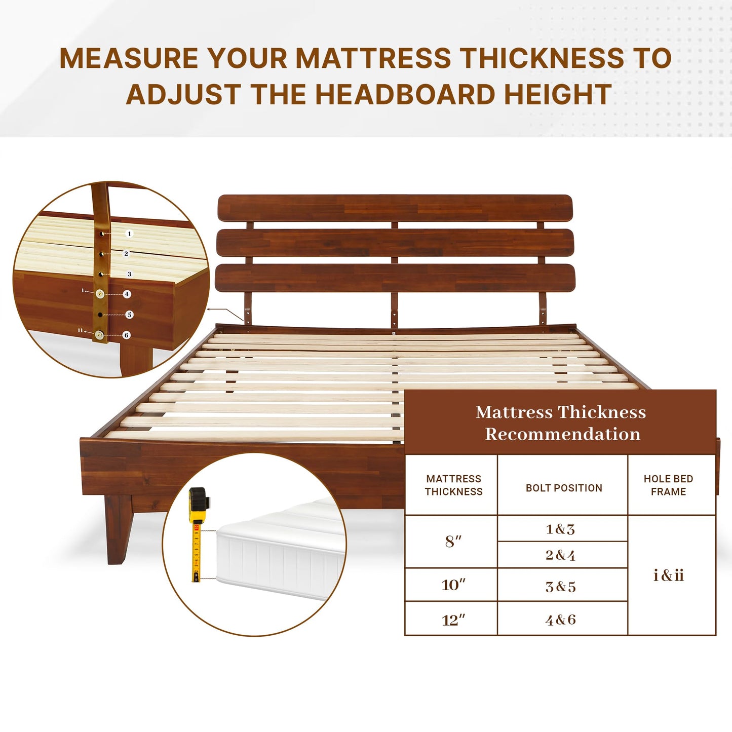 Bme Caden 15 Inch Deluxe Bed Frame with Adjustable Headboard - Mid Century, Retro Style with Acacia Wood - No Box Spring Needed - 12 Strong Wood Slat Support - Easy Assembly - Dark Chocolate, King