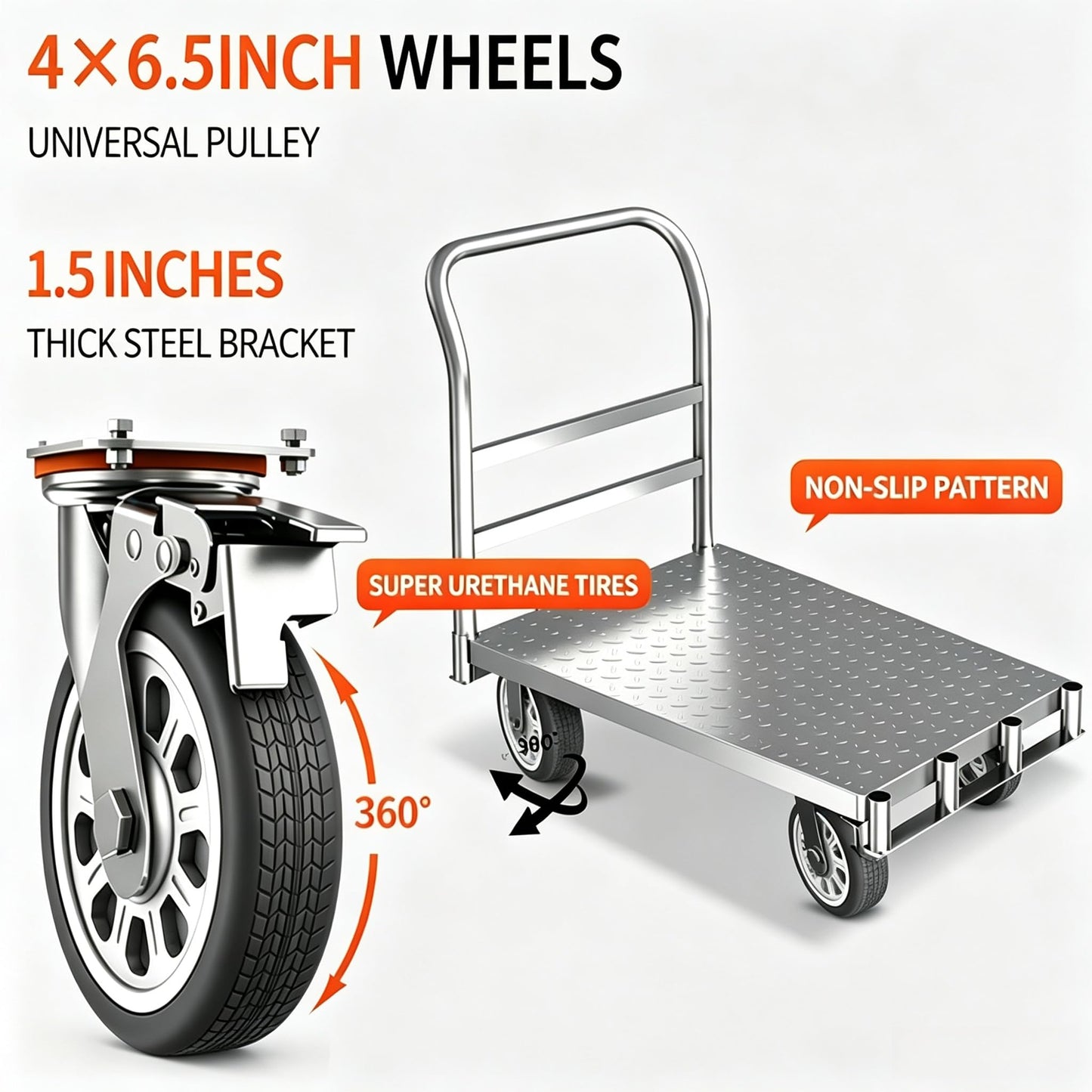 Foldable Panel Push Cart Dolly,2IN1 Steel Plate Platform Truck,36"×24" Heavy Duty Moving Hand Truck Flatbed Cart,2200LBS Capacity with 6.5'' Swivel Wheels,Detachable Fence 1Front and 2Side Handles