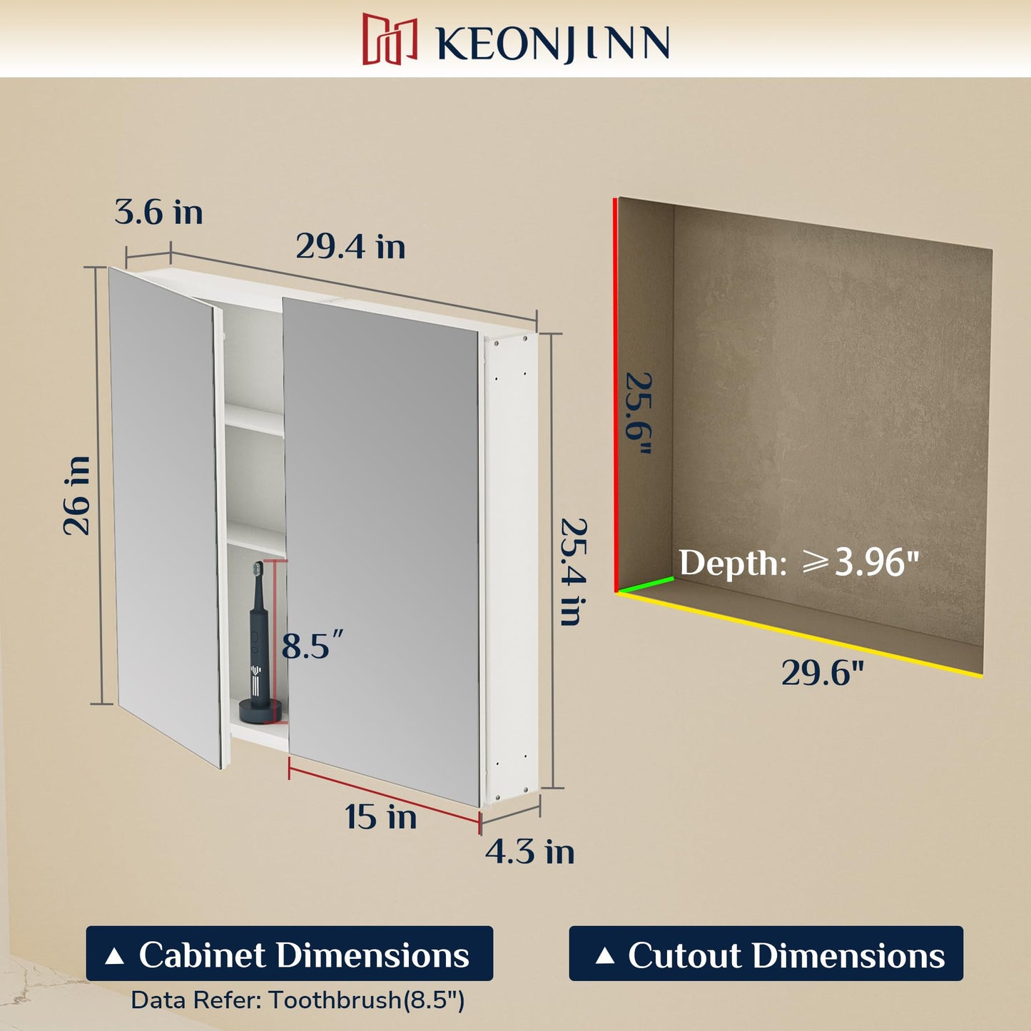 Keonjinn 30 x 26 Inch Bathroom Medicine Cabinet with Mirror, Assembly Required, Combined Double Doors Wall Cabinets, Flexiable Ample Storage, Recessed or Surface Mount, Soft Closing
