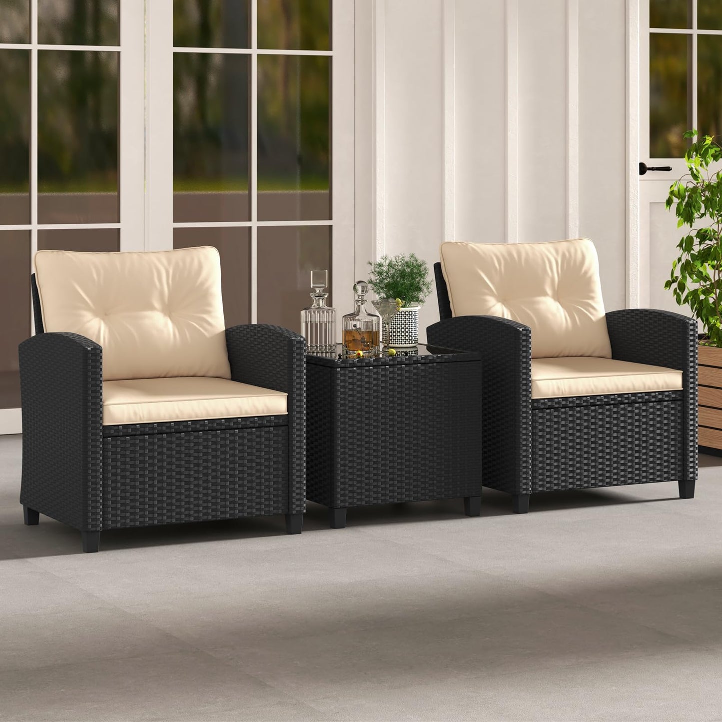 HAPPYGRILL 3 Pieces Wicker Patio Conversation Set, PE Rattan Bistro Sofa Set with Tempered Glass Coffee Table, Washable Cushions, Outdoor Furniture Set for Garden Poolside Balcony (Beige)