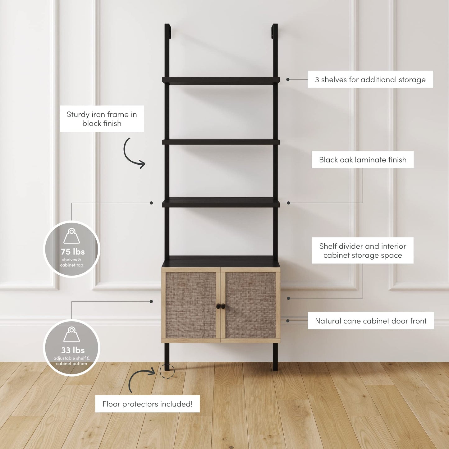 Nathan James Theo Modern Bookcase with Rattan Cabinet in Matte Black and Light Oak Finish with Matte Black Metal Frame for Living Room, Home Office Storage