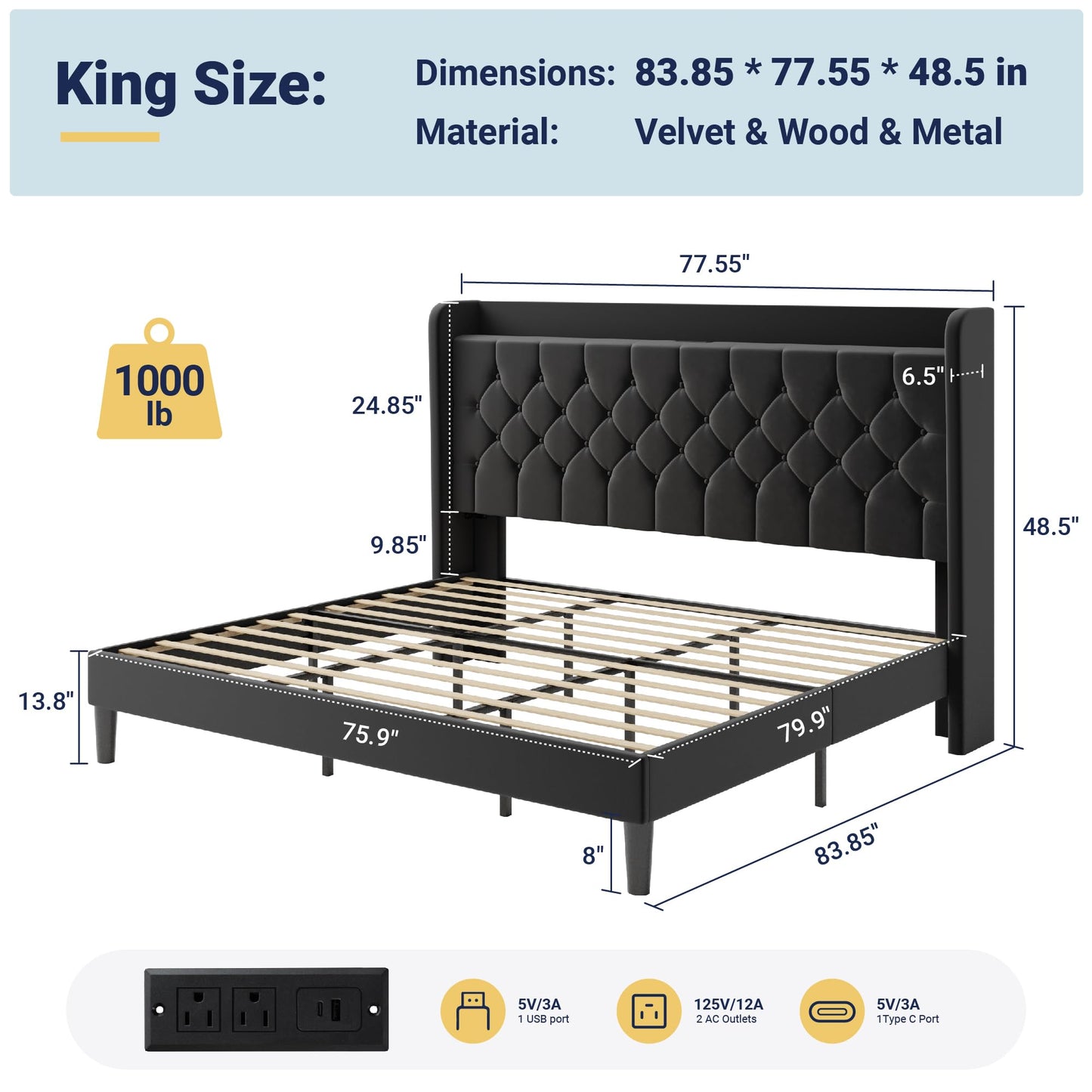 Allewie King Size Bed Frame, Storage Headboard with Charging Station, Wingback Velvet Upholstered, Diamond Stitched Button Tufted, Sturdy Wooden Slats, No Box Spring Needed, Easy Assembly, Black
