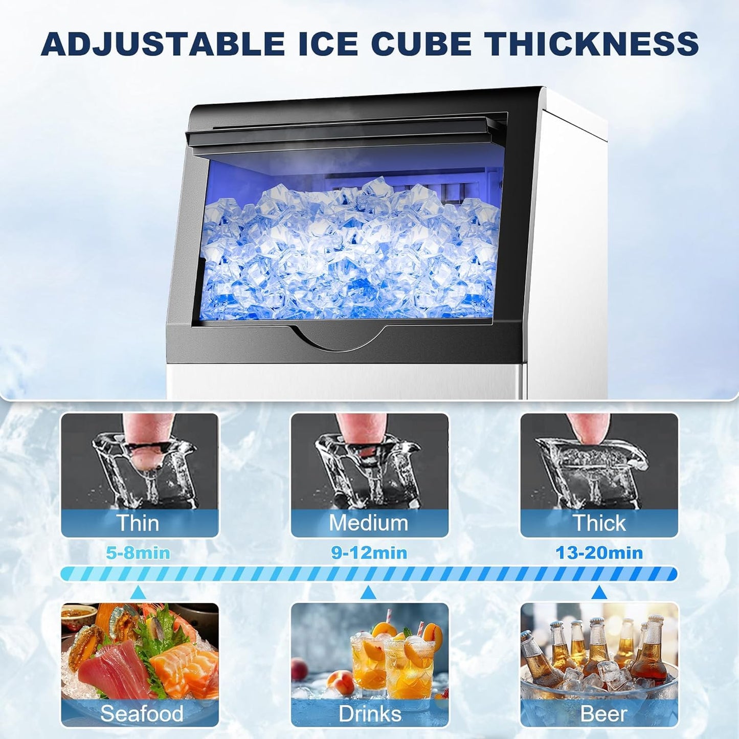 Zomagas 90LBS/24H Commercial Ice Maker Machine, Undercounter or Freestanding Stainless Steel Ice Machine with 25LBS Storage, 32 Cubes/Cycle, Self-Cleaning & Quiet Operation for Home, Bar, Restaurant