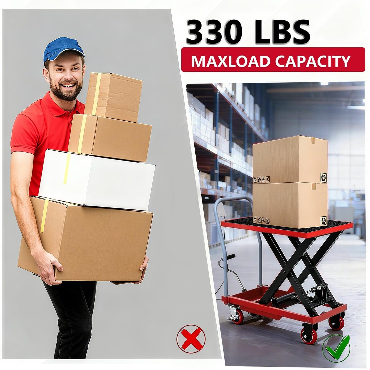 Manual Hydraulic Lift Table Cart, 28.5" Lift Height, Single Scissor, Lockable Swivel Casters – Heavy-Duty for Warehouse, Garage, Factory – Red -330lbs