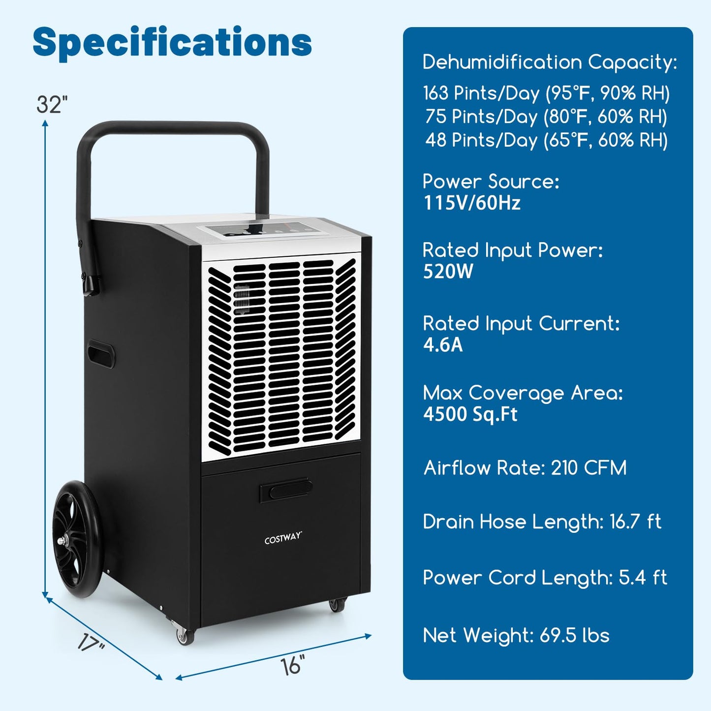 COSTWAY 163 Pints Commercial Dehumidifier, 4500 Sq.Ft Crawl Space Dehumidifier with Pump & Drain Hose, 24H Timer, for Basement, Warehouse, Job Site (White)