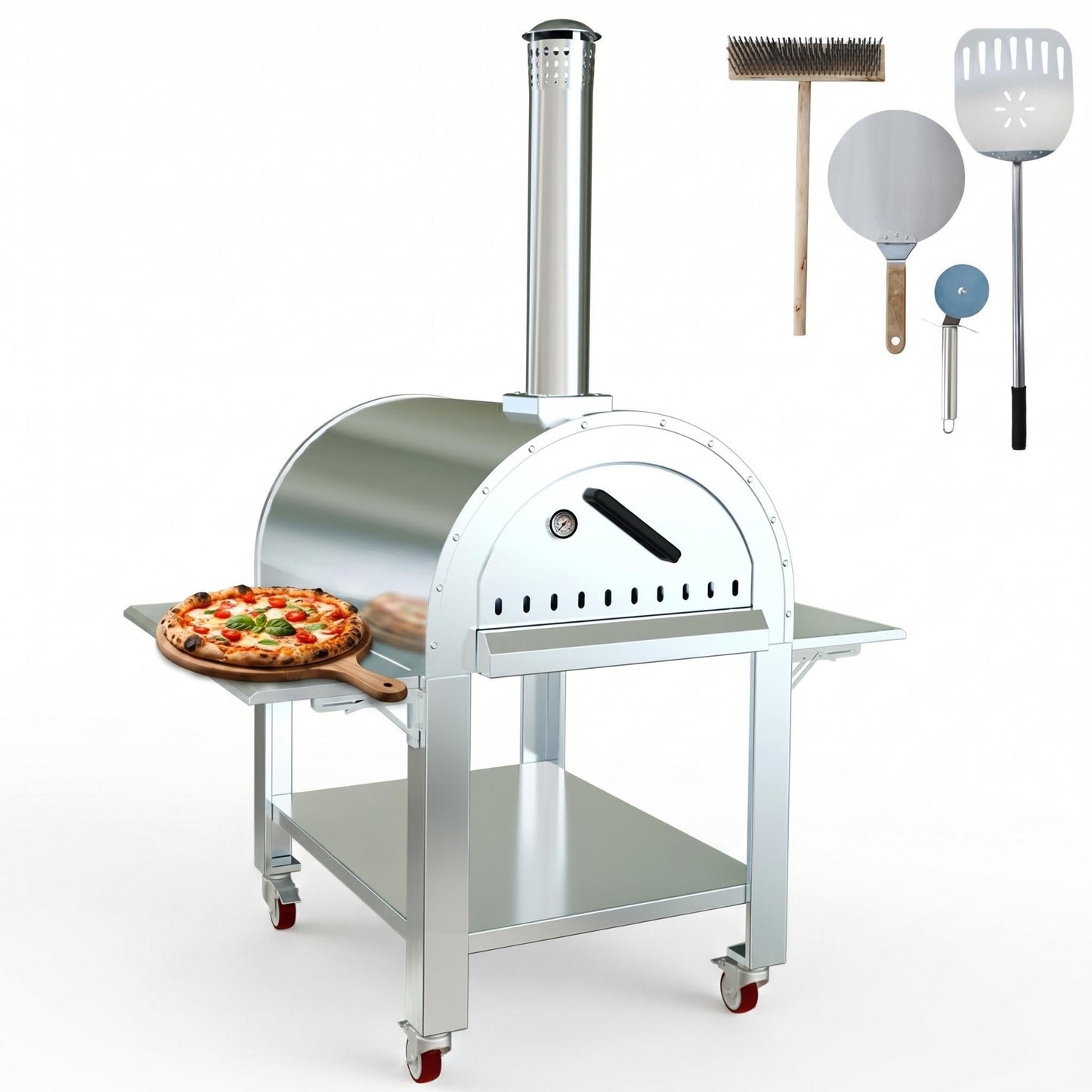Wood Fired Pizza Oven Outdoor, 46 Inch Large Stainless Steel Wood Burning Camping Oven with Wheels & Accessories, Charcoal Outdoor Oven for Baking Roasting Grilling Searing, for Backyard Garden Patio