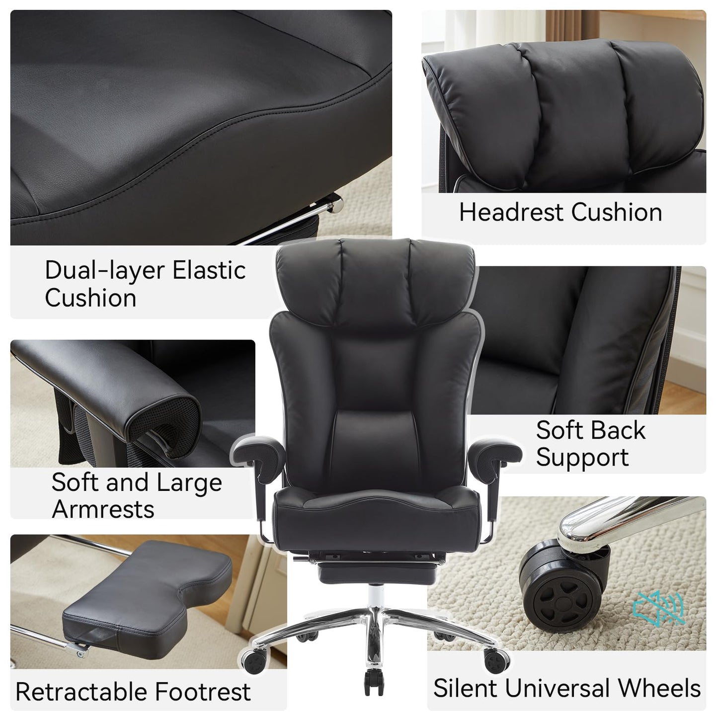 Efomao Big and Tall Office Chair 450lbs, 5.9" Thick Pocket Spring Executive Office Chair with Footrest, High Back PU Leather Desk Chair, Wide Seat Computer Chair, Black