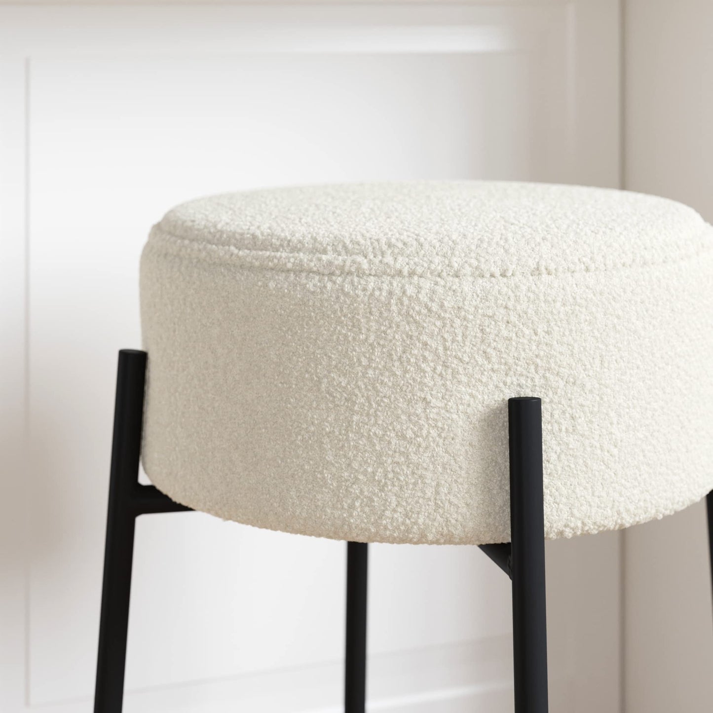 Nathan James Isaac 24" Modern Backless Bar Stool with Round Soft Padded Boucle Seat and Metal Mid-Century Base, Boucle White/Black, Set of 2