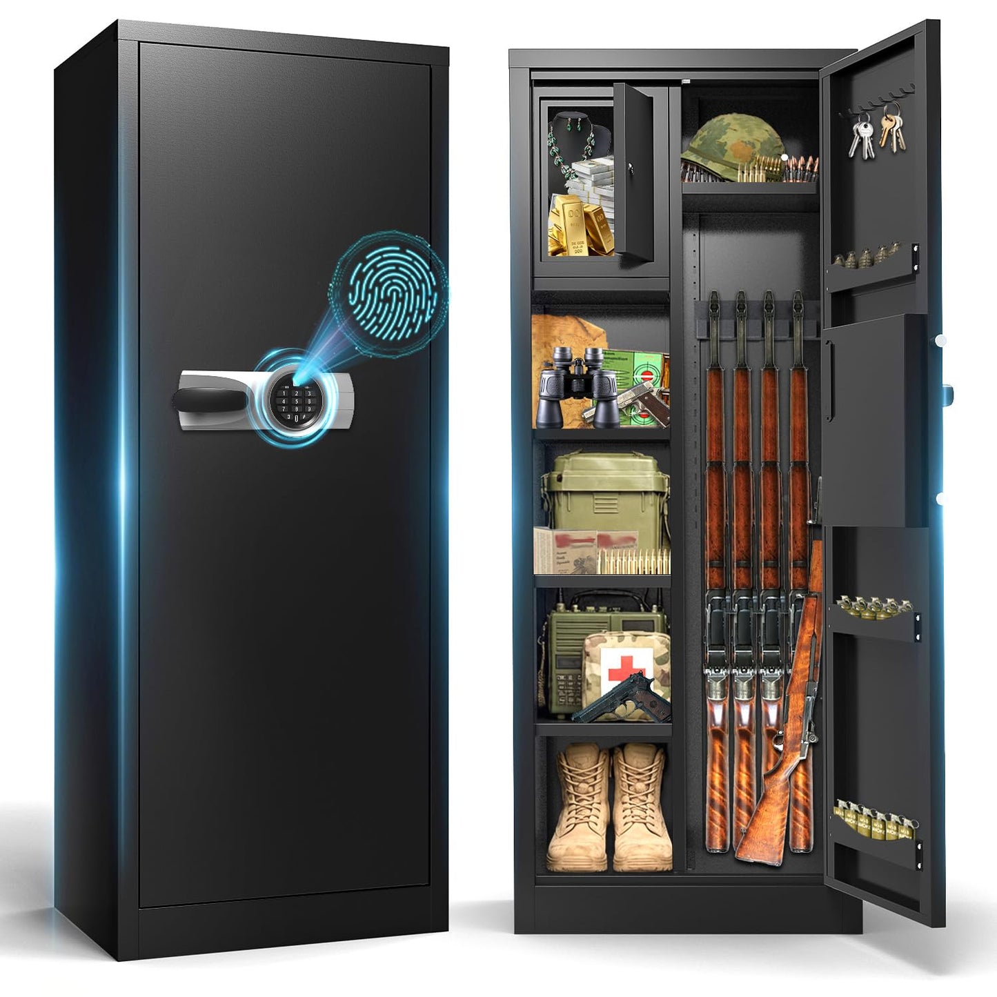 Biometric Gun Safe Rifle, Gun Safes for Rifles and Pistols, 10-15 Gun Cabinet with Pistol Storage and Adjustable Racks, Fingerprint Gun Cabinet for Home Accessories Storage with Removable Gun Racks