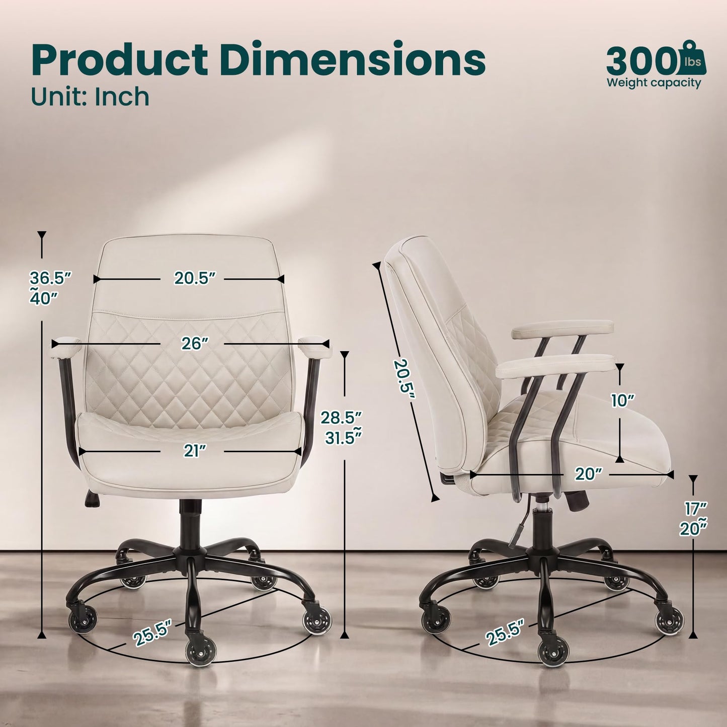 NEO Chair Ergonomic Leather Office Desk Chair with Fixed Armrests Mid Back Lumbar Support Swivel Executive Computer Chair with Wheels Comfy Home Office Chair for Adults (Ivory)