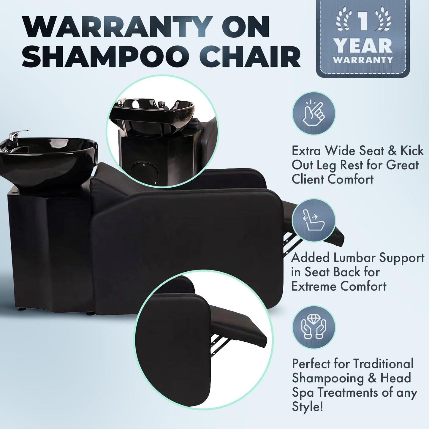 Buy-Rite Eclipse Lay-In Shampoo Backwash Unit for Salons & Barbershops - Porcelain Bowl with Hardware, Extra-Wide Reclining Seat, Kick-Out Leg Rest, Built-In Headrest & Lumbar Support, TS-8088-BLK