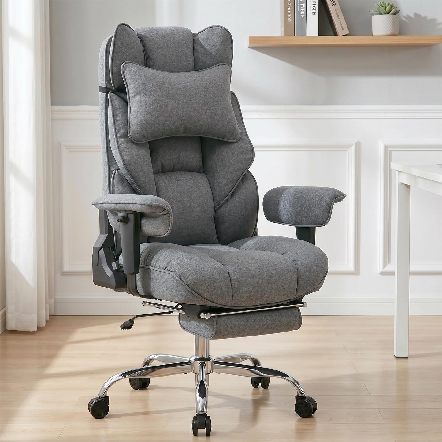 mokodo Big and Tall Office Chair 400lbs, Breathable Fabric Executive Desk Chair with Pocket Spring Cushion, 155° Reclining Computer Chair with Integrated Headrest & Lumbar Pillow (Grey)