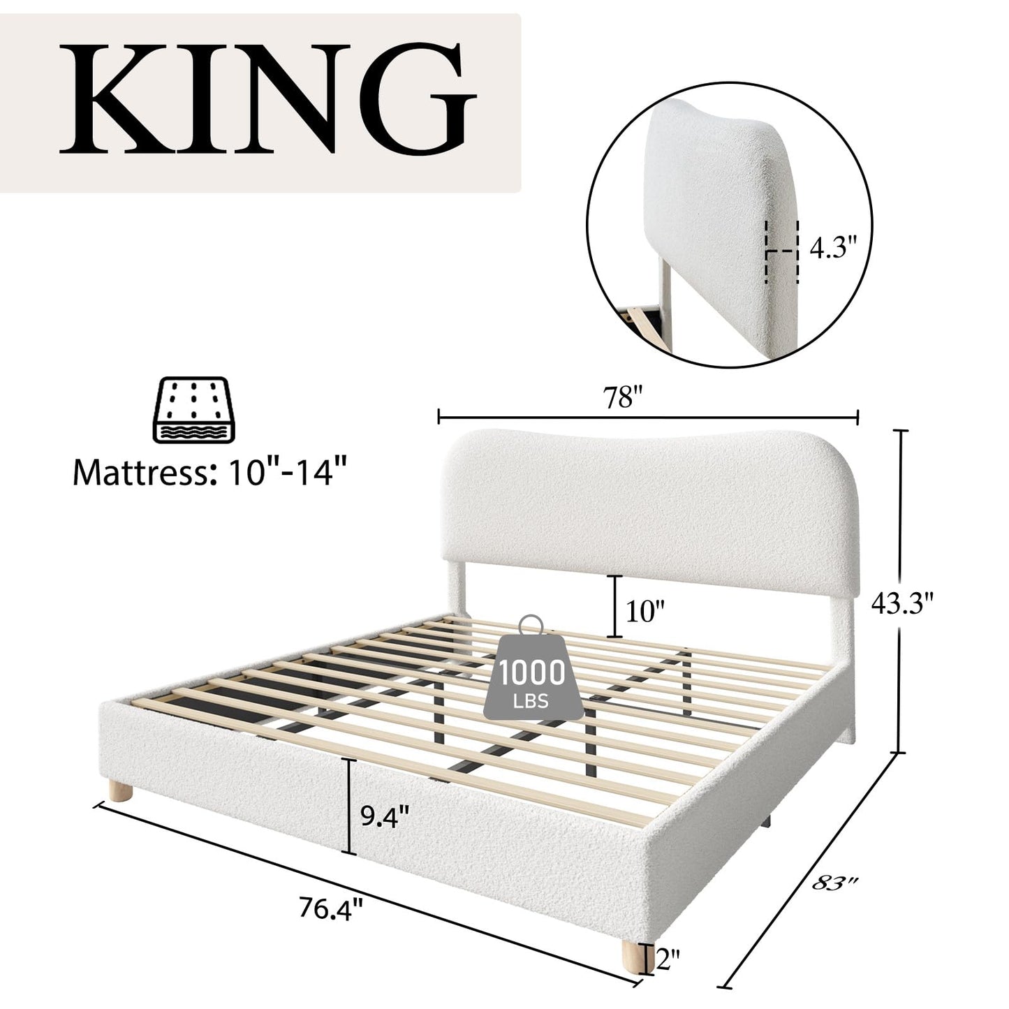 AMERLIFE King Size Upholstered Boucle Bed Frame, Soft Cloud Platform Bed with Adjustable Headboard, Modern Design, Rounded Corners, Rubberwood Legs, No Box Spring Needed, Easy Assembly, Cream