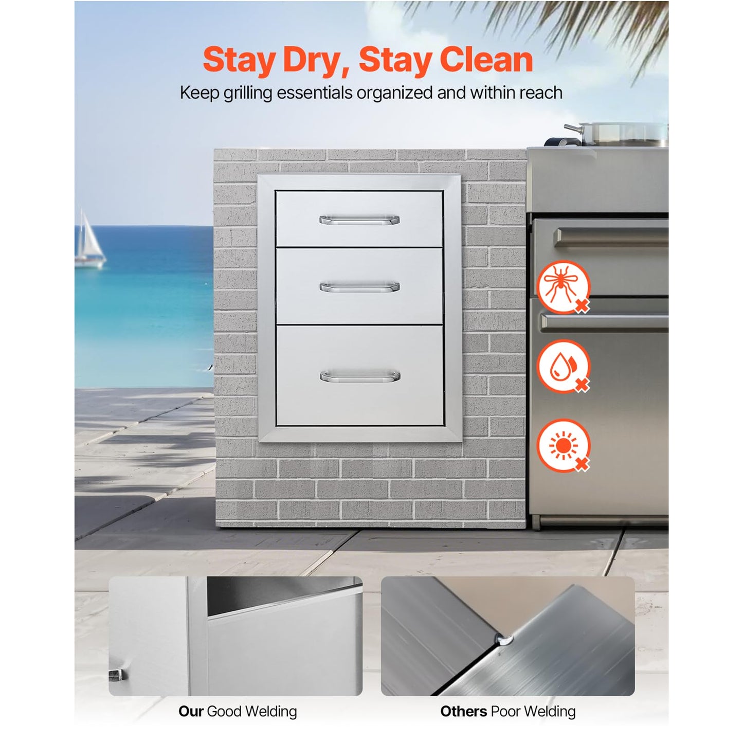 VEVOR 14x20.3 Inch Outdoor Kitchen Drawers Stainless Steel, Flush Mount Triple Drawers, 14W x 20.3H x 23D Inch, with Stainless Steel Handle, Outdoor Kitchens or BBQ Island