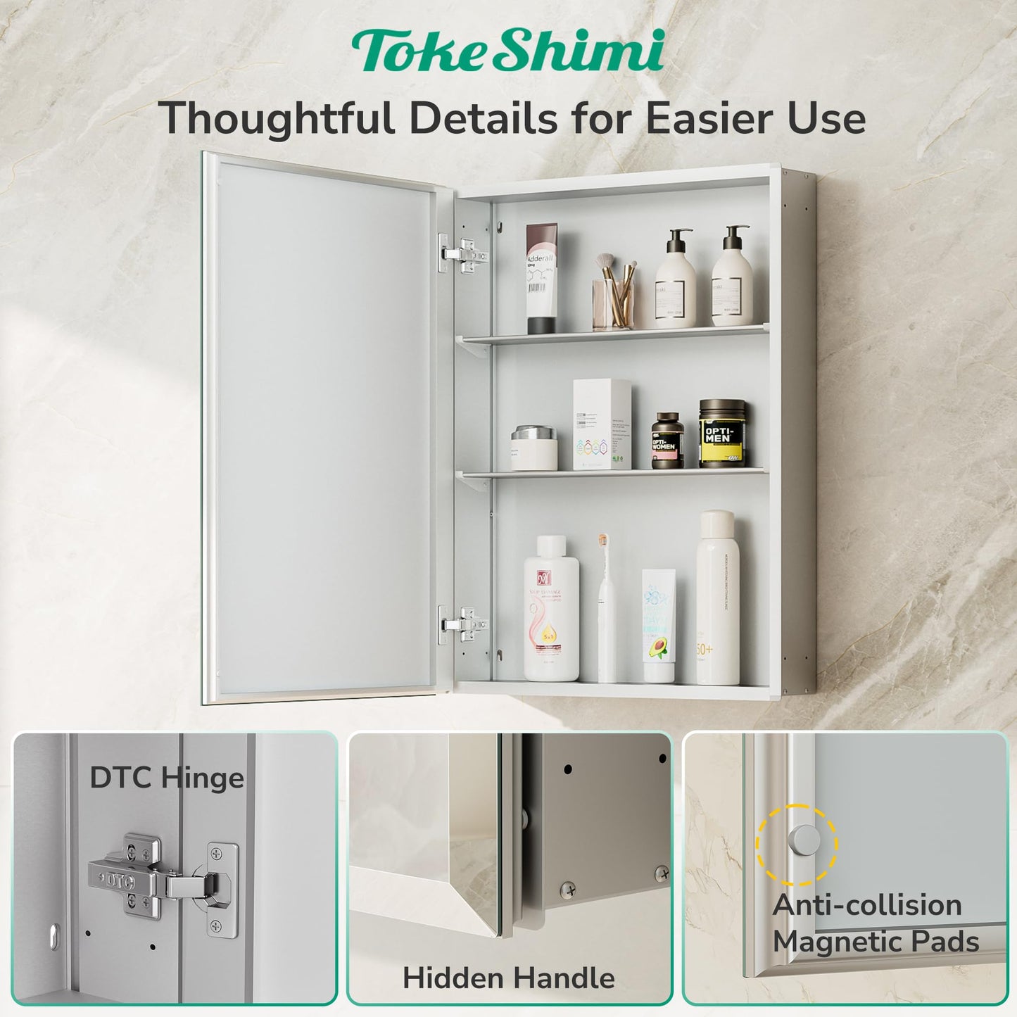 TokeShimi 36 x 24 Medicine Cabinet for Bathroom with Mirror, Assembly Required, Wall Mounted Medicine Cabinet with Tempered Beveled Mirror, Stepless Adjustable Shelves, DTC Hinge