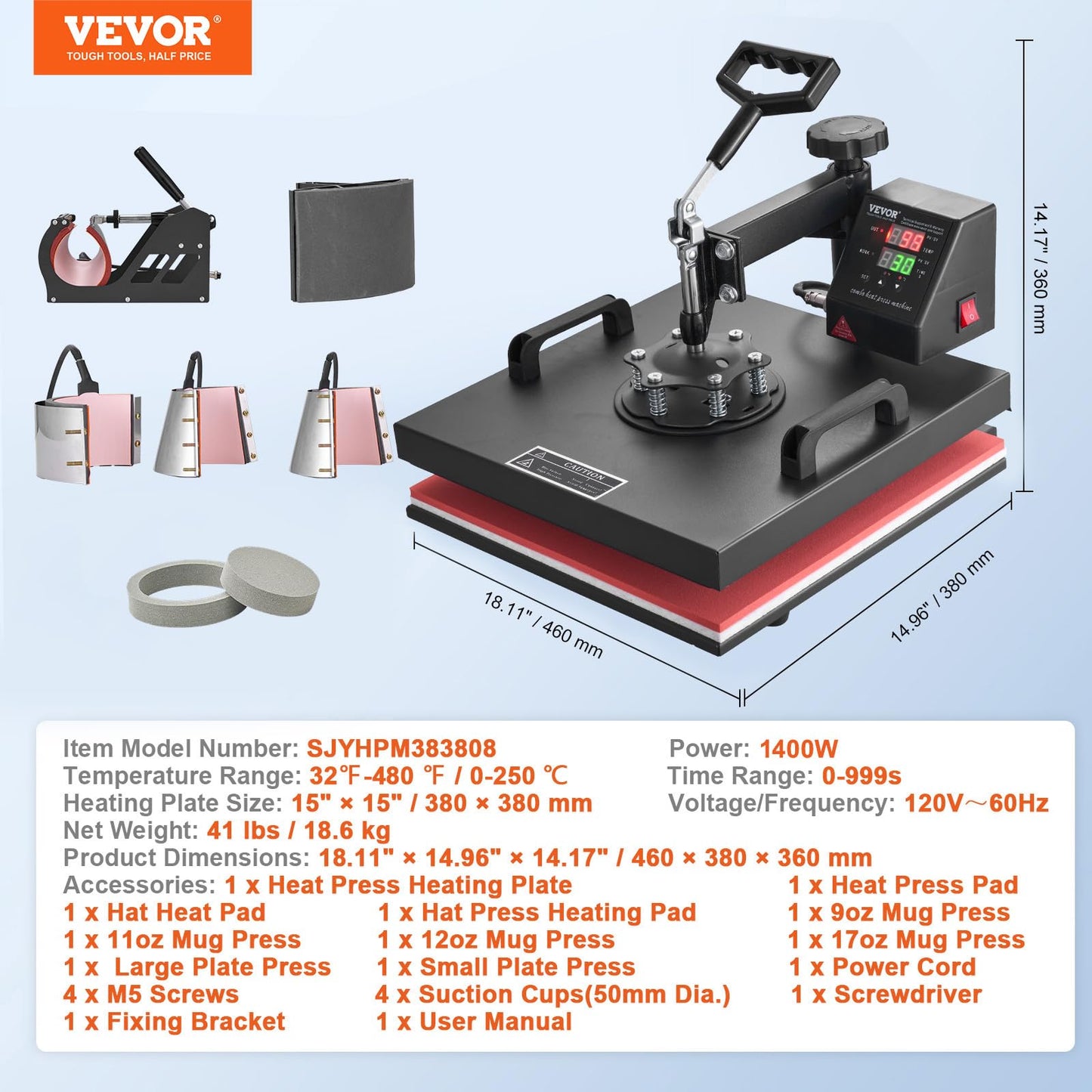 VEVOR Heat Press Machine 8 in 1 Combo Heat Press 15x15 Inch Heat Transfer Machine 360-Degree Swing Away Digital Tshirt Press Multifunction Heat Transfer Sublimation for T Shirts Mugs Hats Plates Caps