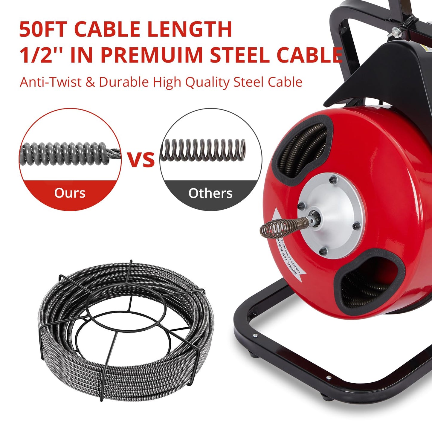 Garvee Drain Cleaner Machine, 50 Ft X 1/2 in Professional Electric Drain Auger for 1 to 4 in Pipes, Portable Electric Drain Snake with 4 Cutters & Foot Switch and Pair of Gloves