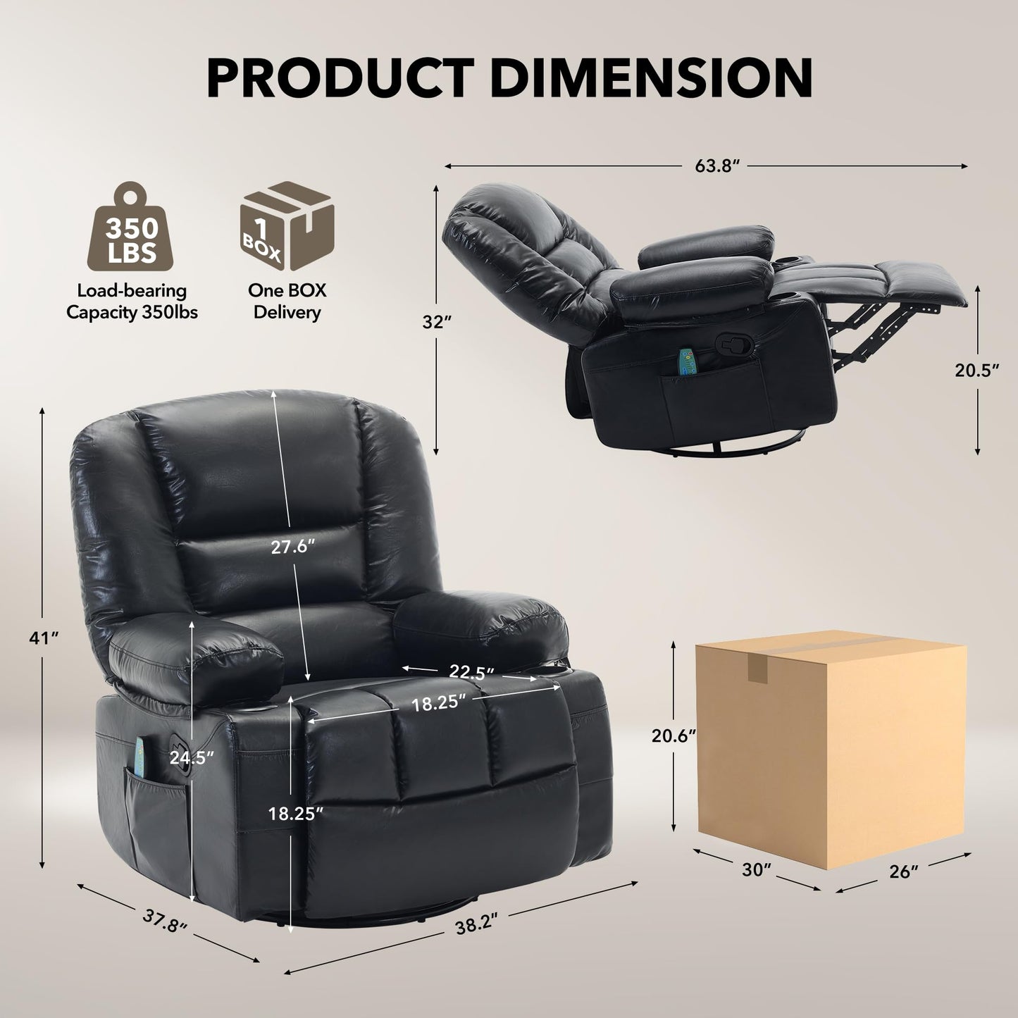 Rocker Recliner Chair with Heat and Massage,Nursery Recliner 360° Swivel Oversized Chairs for Adults,Chenille Lazy Boy Single Sofa Seat with 3 Positions,Side Pockets,Cup Holders for Living Room Black