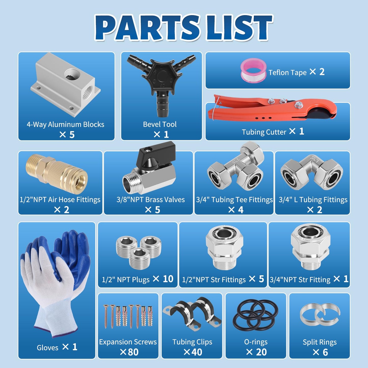 Boeray Shop Air Line Kit 3/4” 200FT Compressed Air Piping System HDPE-Aluminum-HDPE Air Tubing with 4-Way Aluminum Blocks Brass Valves Air Piping Fittings Kit Air Compressor Accessories for Garage