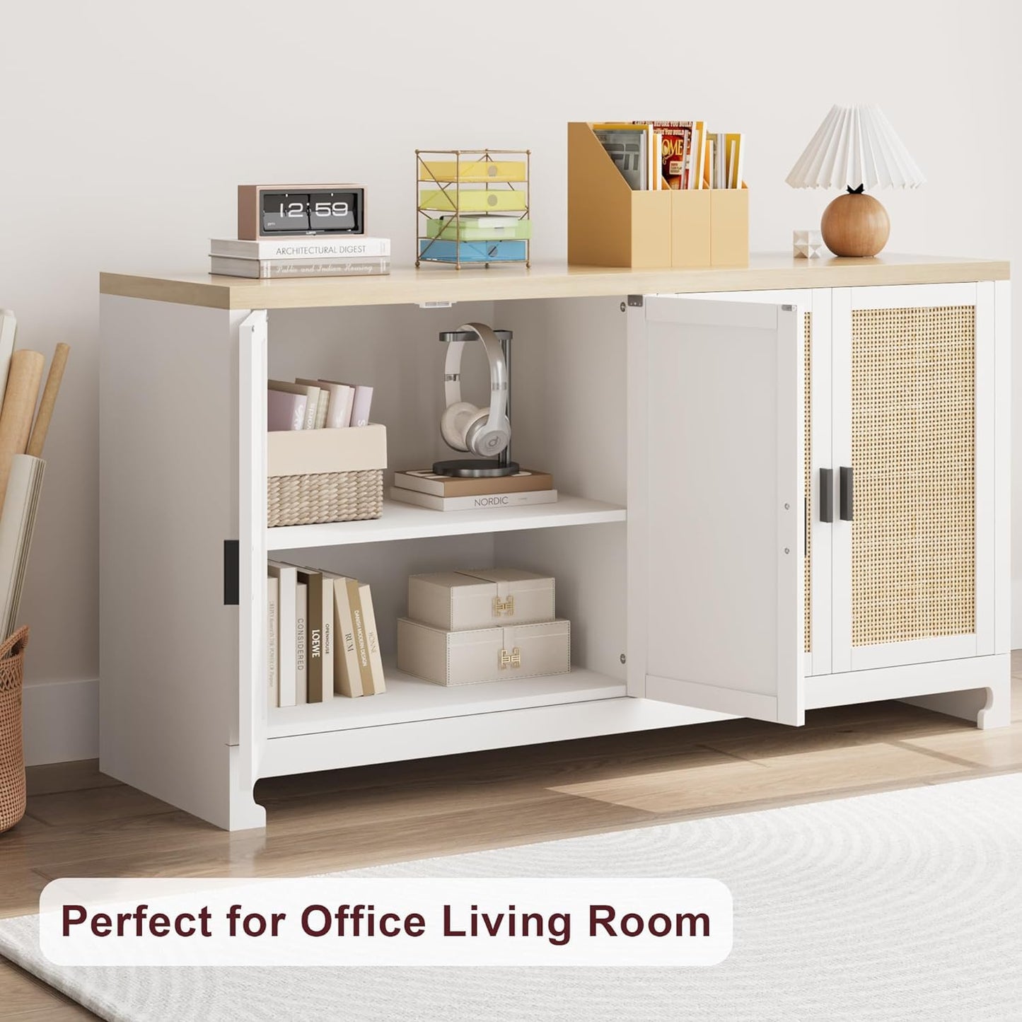 GarveeHome 60 in Farmhouse Rattan Buffet Cabinet - 4-Door Woven Storage Sideboard with Adjustable Shelves, Kitchen Console Table for Dining Room & Living Room Entryway (White & Brown)