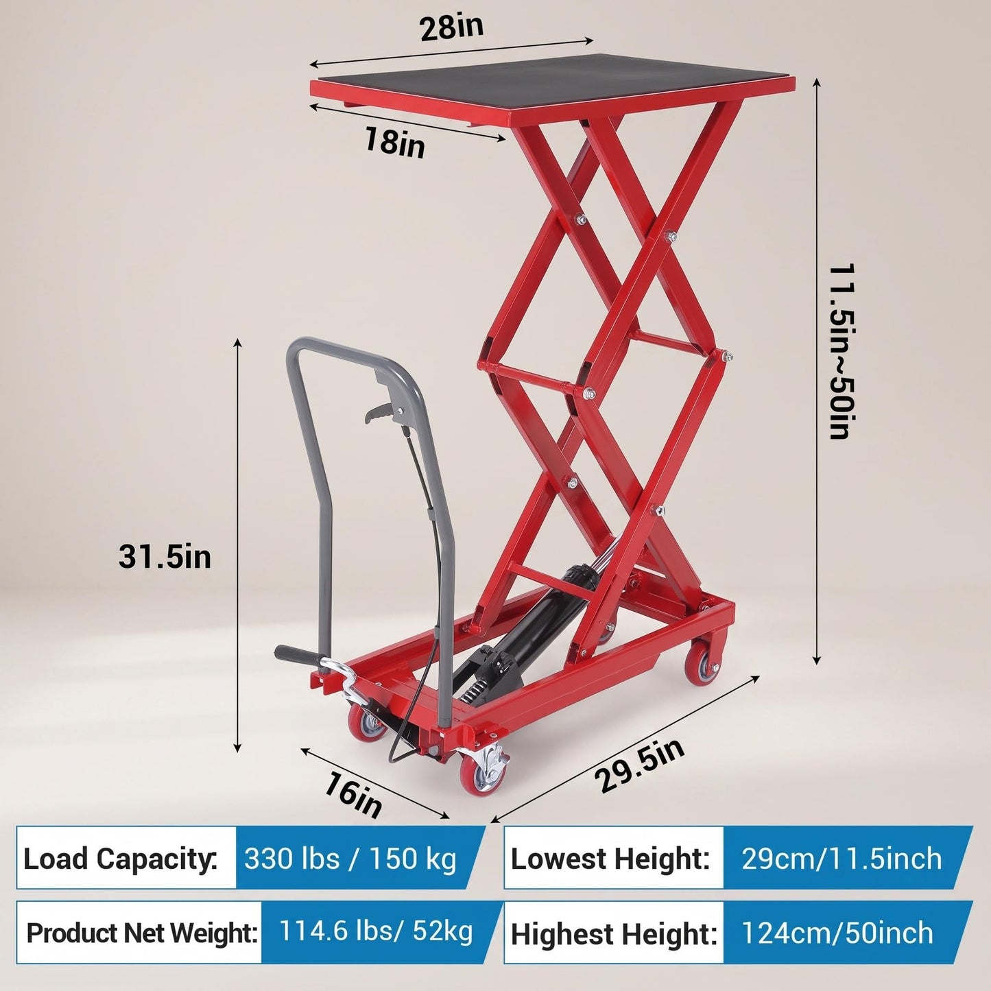 Garvee Hydraulic Lift Table Cart, 330 LBS Capacity 50" Lifting Height, Double Scissor Lift Table with 4 Swivel Wheels and Non-Slip Pad for Material Handling and Transportation, Red