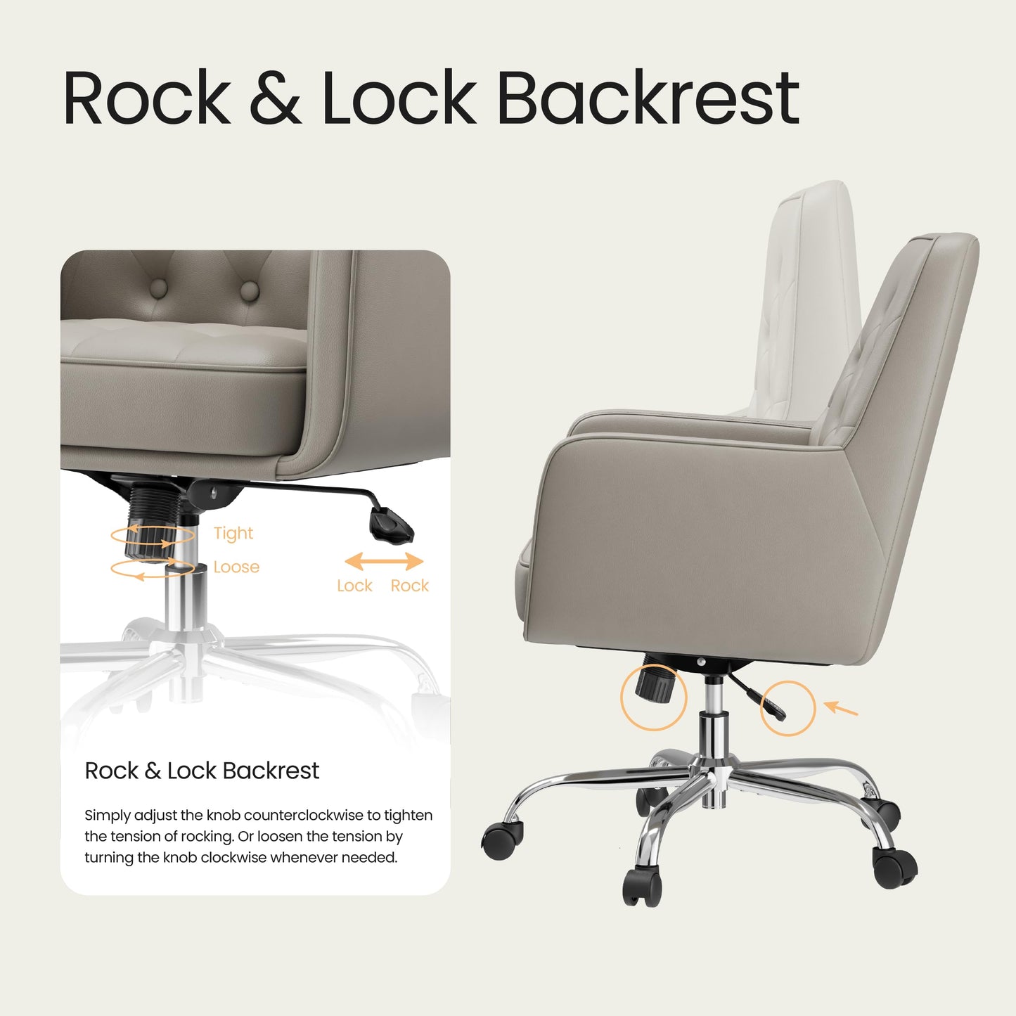 COLAMY Verso Home Desk Chair with Armrest, Leather Swivel Office Chair Adjustment Height with Wheels, Comfortable Padded Seat, Khaki
